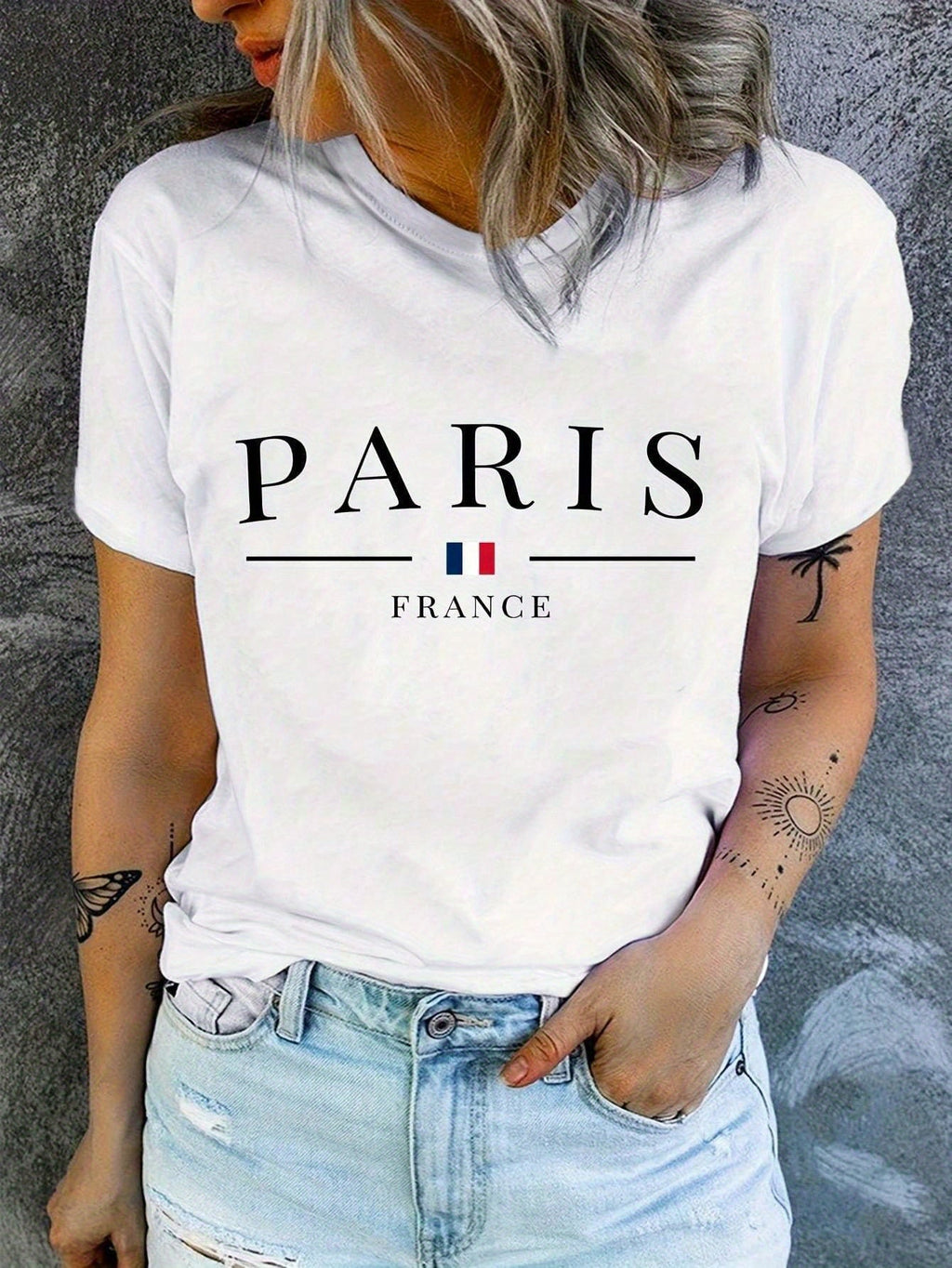 T-shirt a girocollo Paris Print Valstrend, maglietta casual a maniche corte per donna, ideale per primavera ed estate
