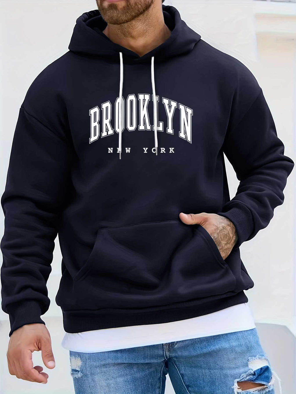 Felpa con cappuccio a maniche lunghe per uomo Valstrend, stampa Brooklyn, morbida e calda, ideale per autunno e inverno.