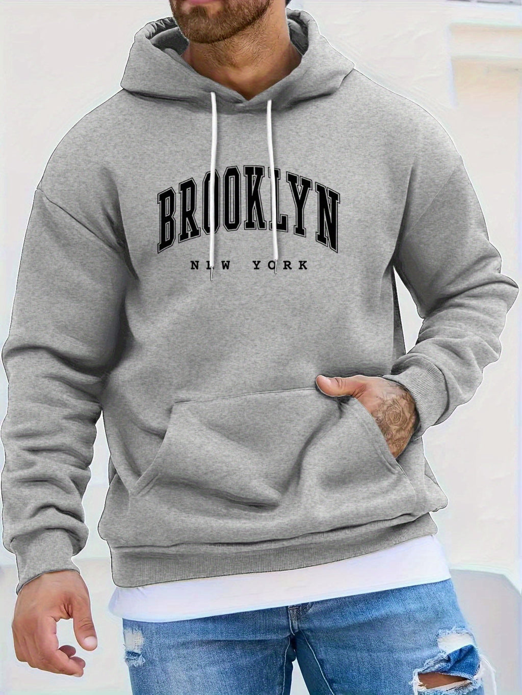 Felpa con cappuccio da uomo Valstrend, con stampa Brooklyn, maniche lunghe, calda e comoda per autunno e inverno