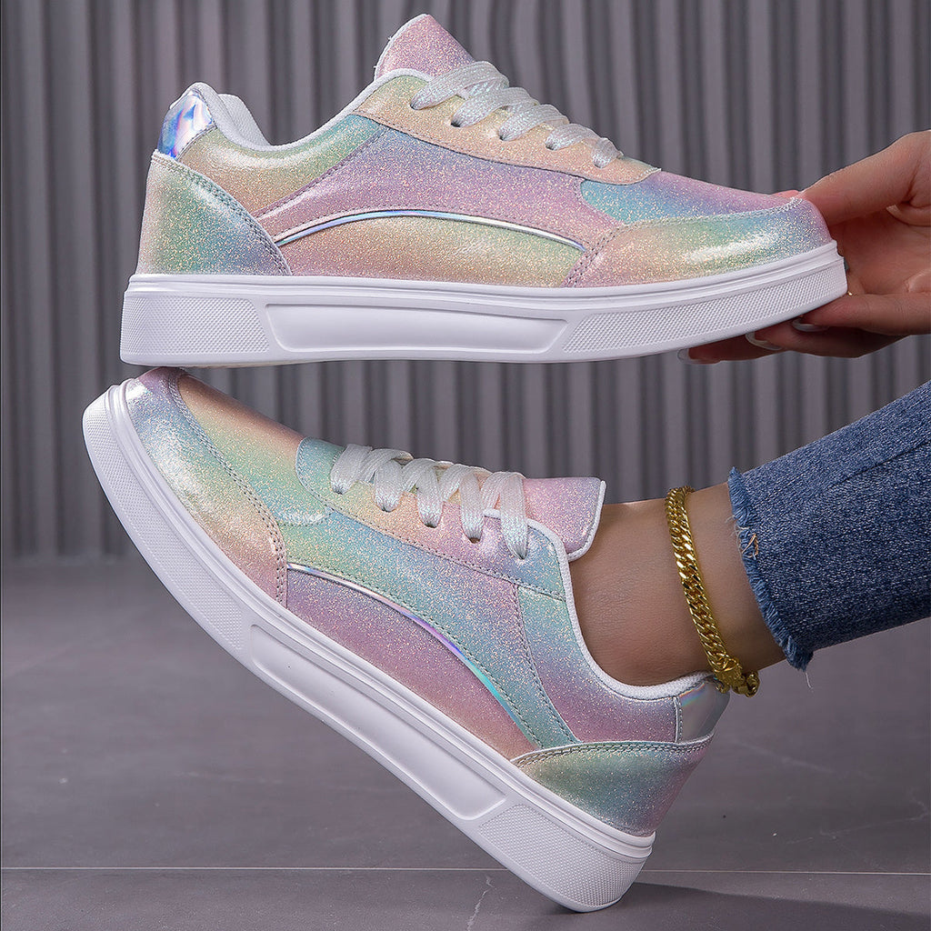 Women's Fashion Sneakers Holographic Sequin Rainbow Casual Shoes, Shiny Streetwear, Party Wedding Trendy Footwear For Ladies