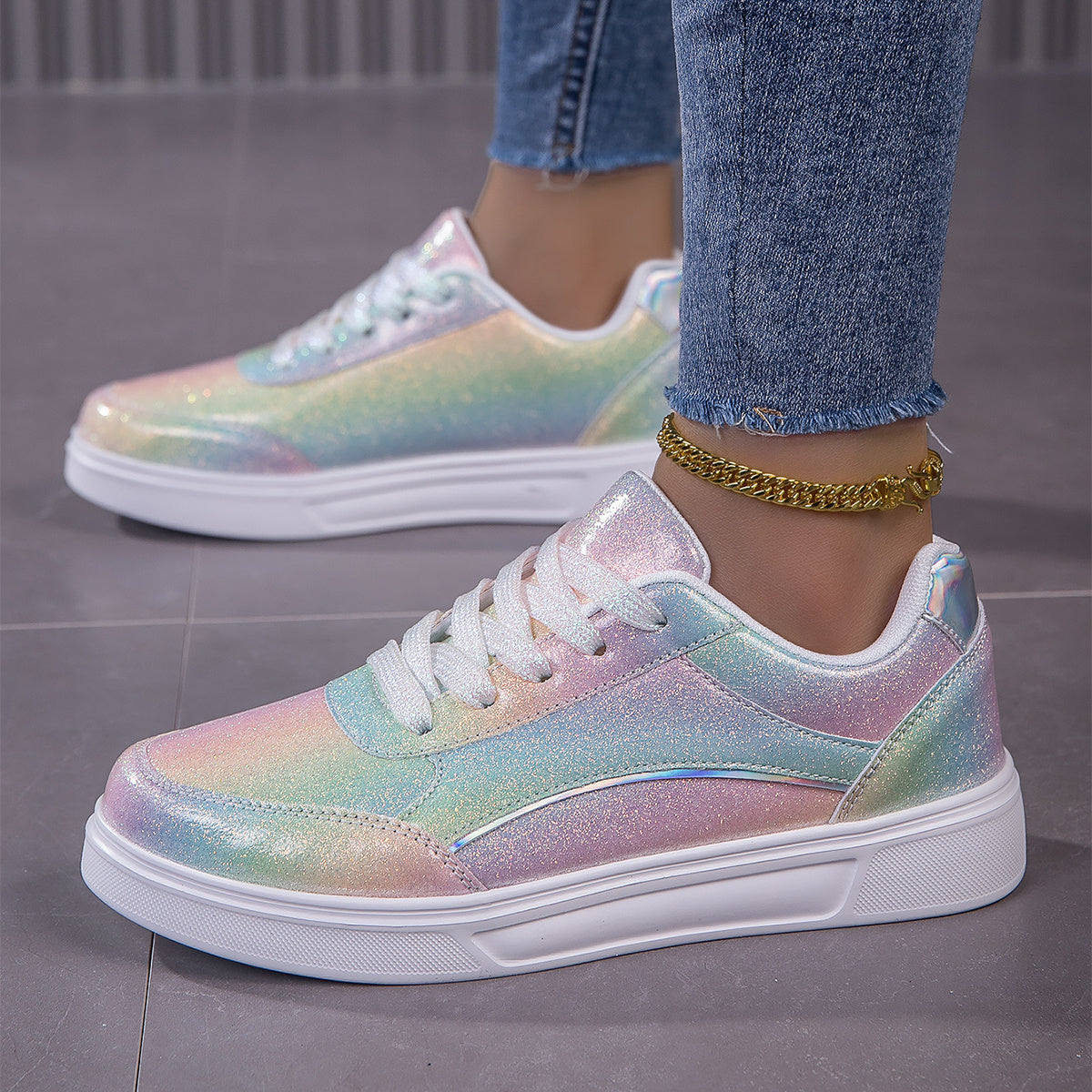 Women's Fashion Sneakers Holographic Sequin Rainbow Casual Shoes, Shiny Streetwear, Party Wedding Trendy Footwear For Ladies