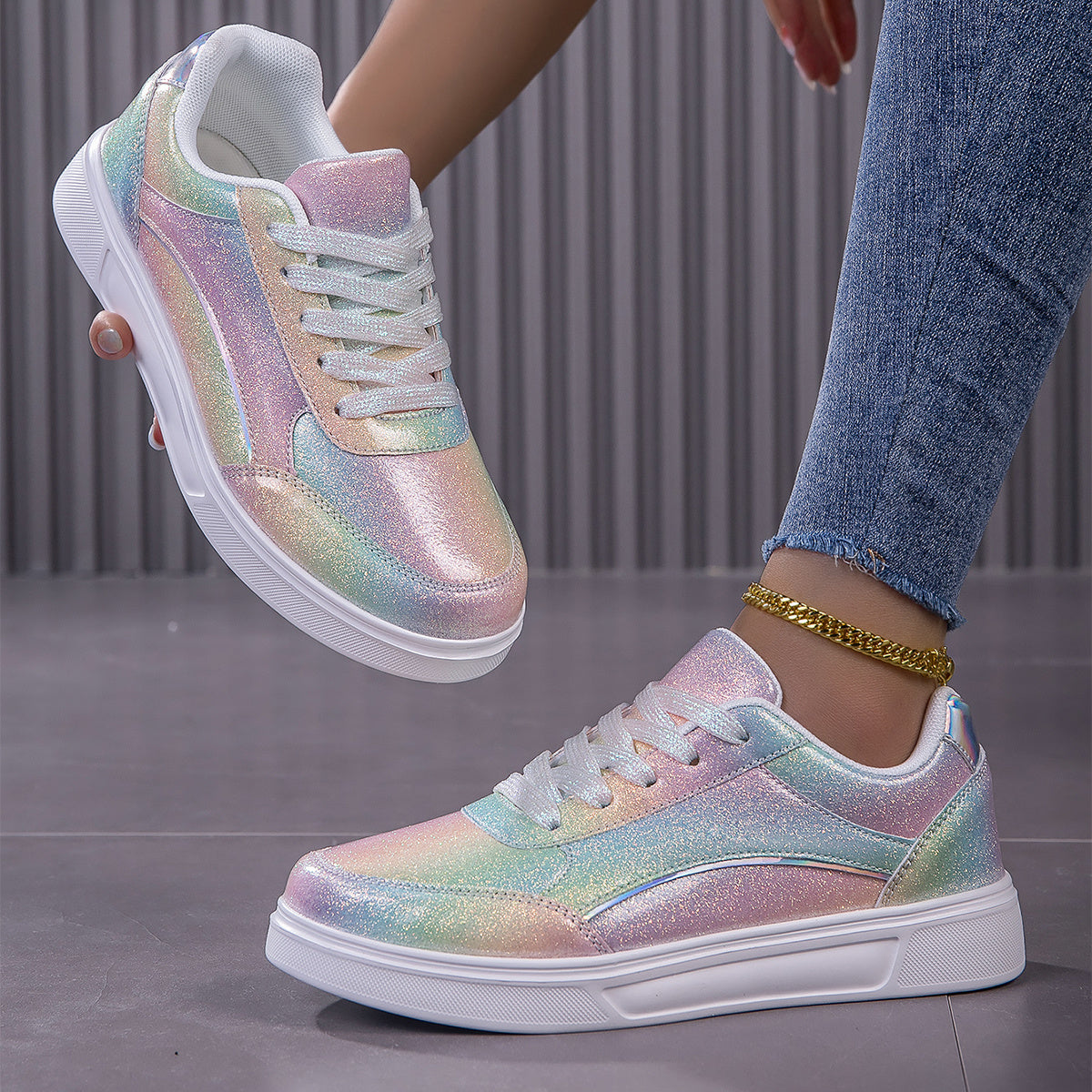 Women's Fashion Sneakers Holographic Sequin Rainbow Casual Shoes, Shiny Streetwear, Party Wedding Trendy Footwear For Ladies