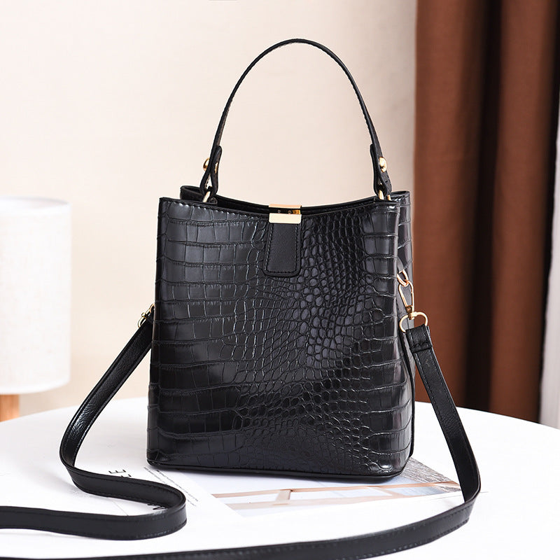 Elegant Faux Leather Crocodile Pattern Bucket Bag with Detachable Shoulder Strap, Magnetic Closure, and Polyester Lining - Versatile Women's Crossbody Handbag
