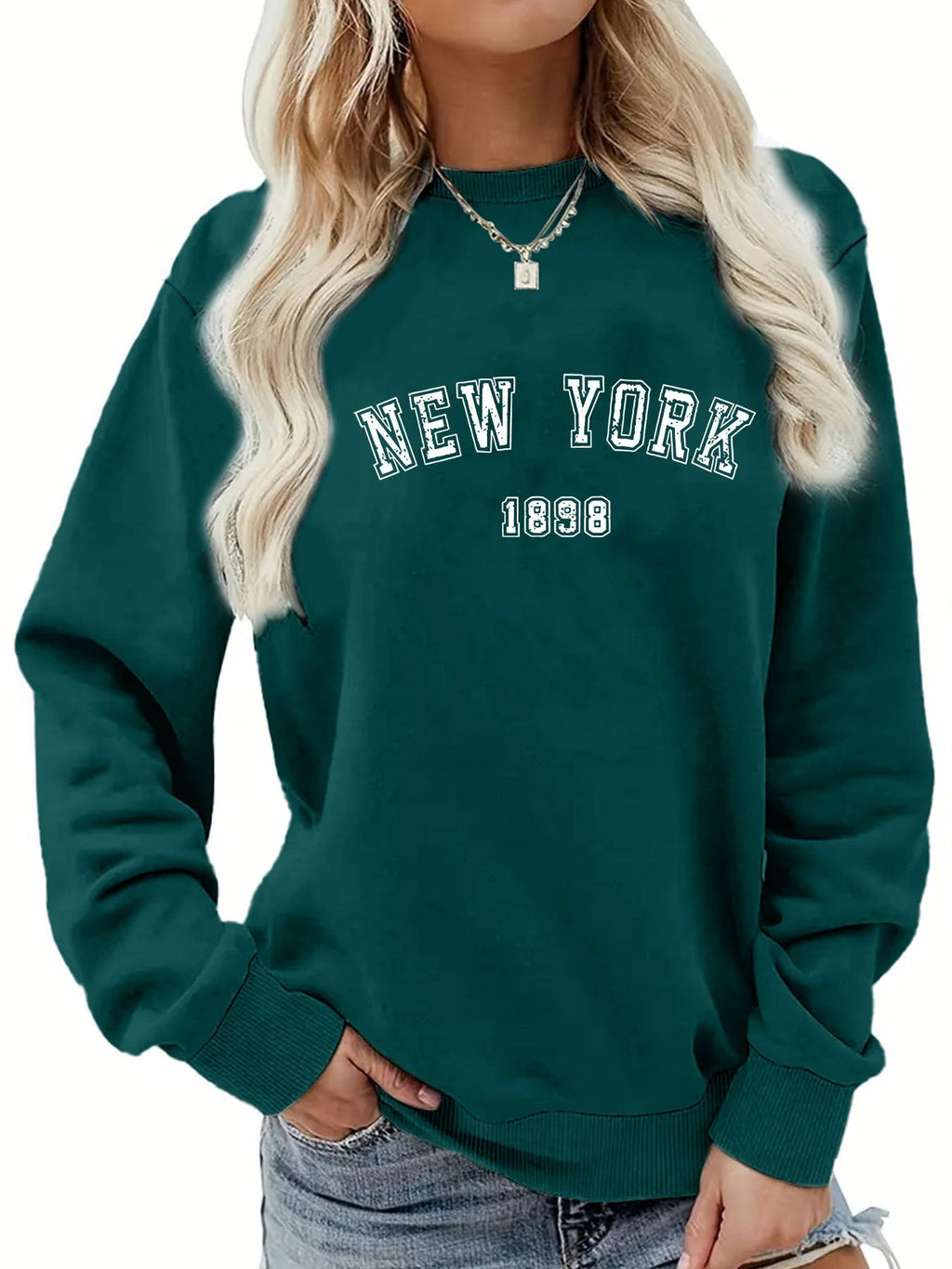 Felpa donna Valstrend New York Print, manica lunga, collo rotondo, stile casual per autunno e inverno, abbigliamento femminile.