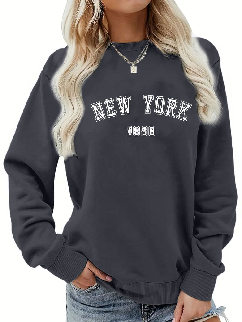 Felpa oversize Valstrend con stampa New York, girocollo a maniche lunghe, casual per autunno e inverno, donna