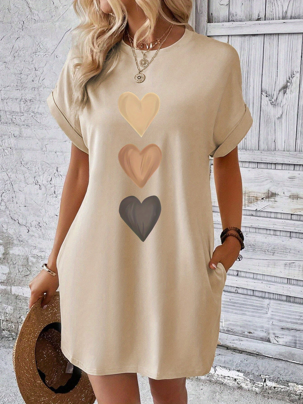Heart Print Pocket Tee Dress, Batwing Sleeve Crew Neck Casual Dress For Summer & Spring, Women's Clothing