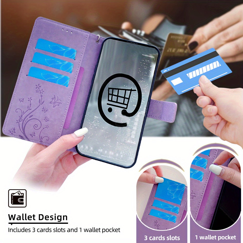 Custodia protettiva viola con motivo farfalla per Samsung Galaxy A15 4G/5G con tasche per carte, marca Valstrend.