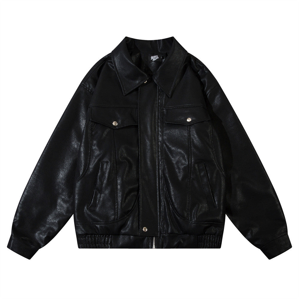 Giacca casual da uomo in pelle PU stile americano, vestibilità allentata, con collo a camicia, in nero, marca Valstrend.