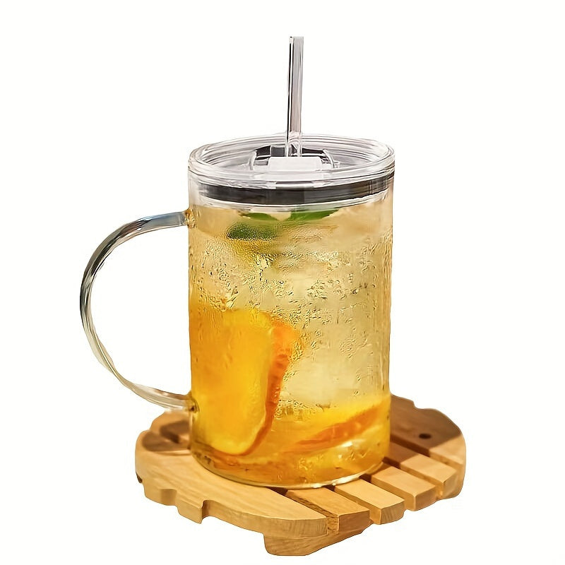 Bicchiere riutilizzabile e biodegradabile in vetro con coperchio e cannuccia, ideale per bevande fredde e calde, decorato per festività