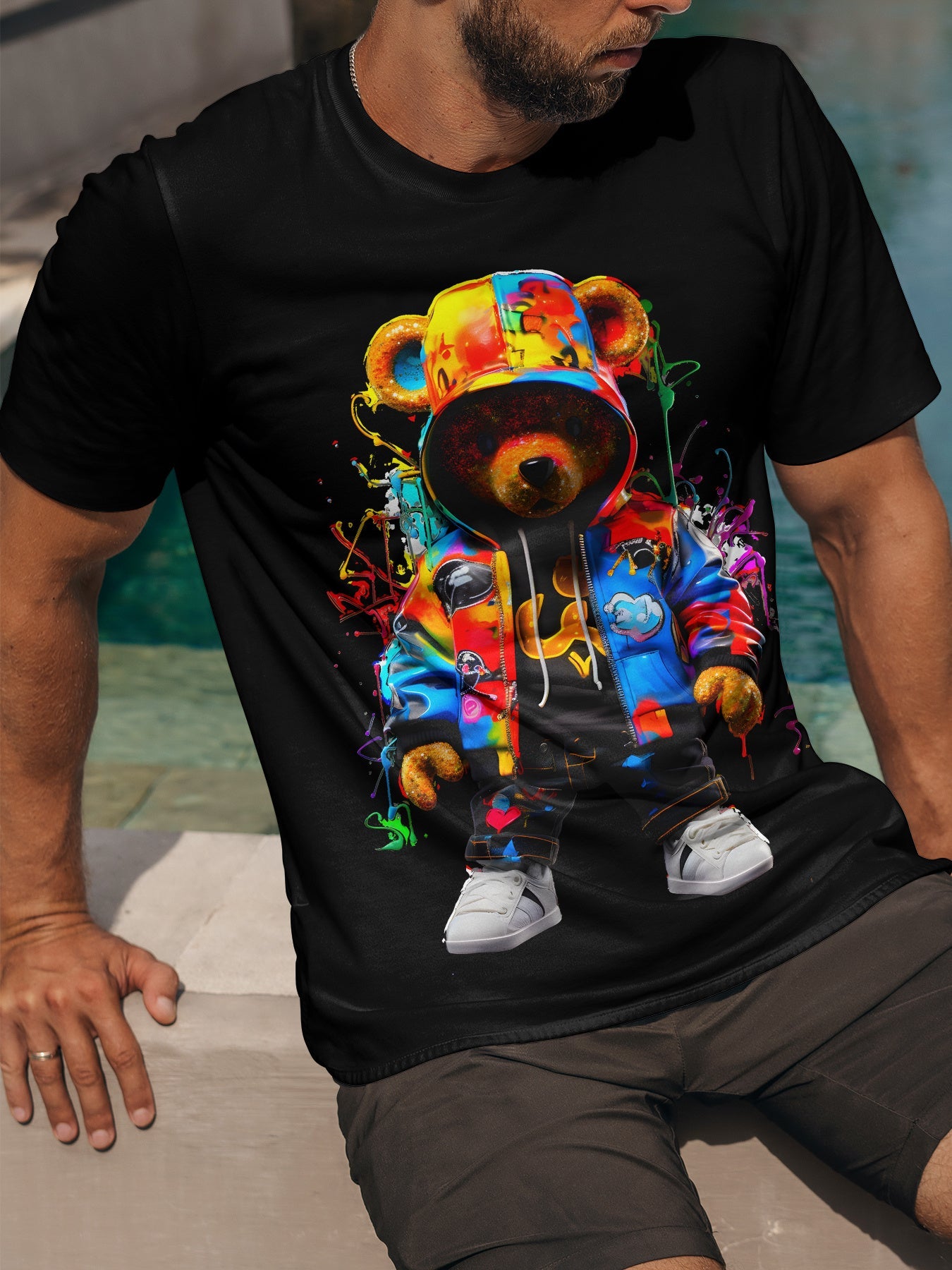T-shirt da uomo Valstrend con stampa di orso, maniche corte, girocollo, perfetto per l'estate e attività all'aperto.