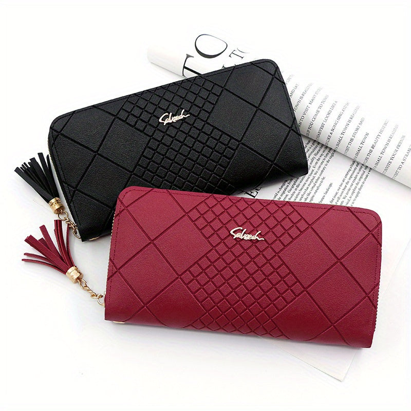 Portafoglio lungo rosso in eco-pelle per donna con molte tasche, chiusura lampo sicura e rivestimento in poliestere resistente.