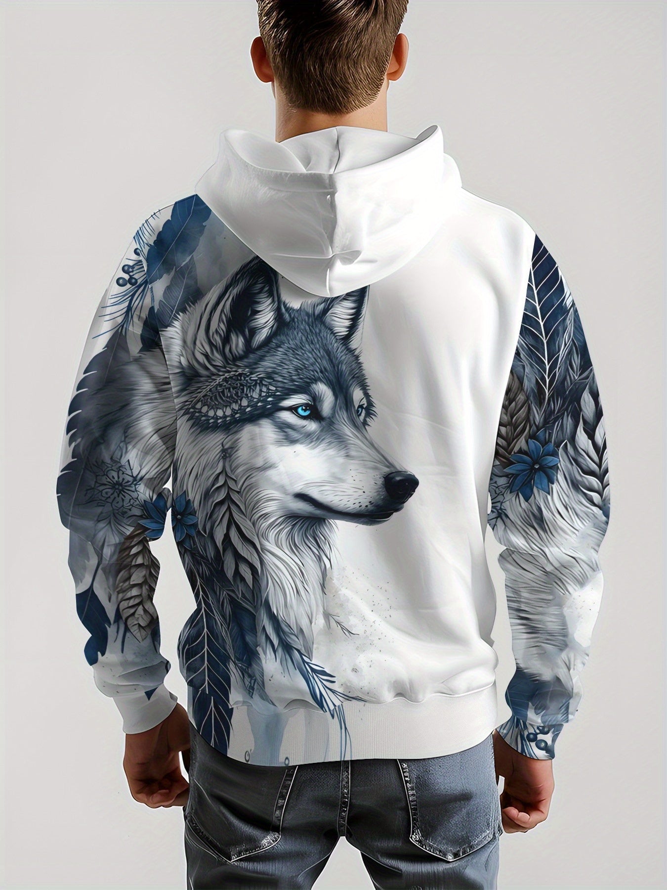 Felpa con cappuccio da uomo Valstrend con grafica di lupo e foglie, maniche lunghe, stile casual e trendy.