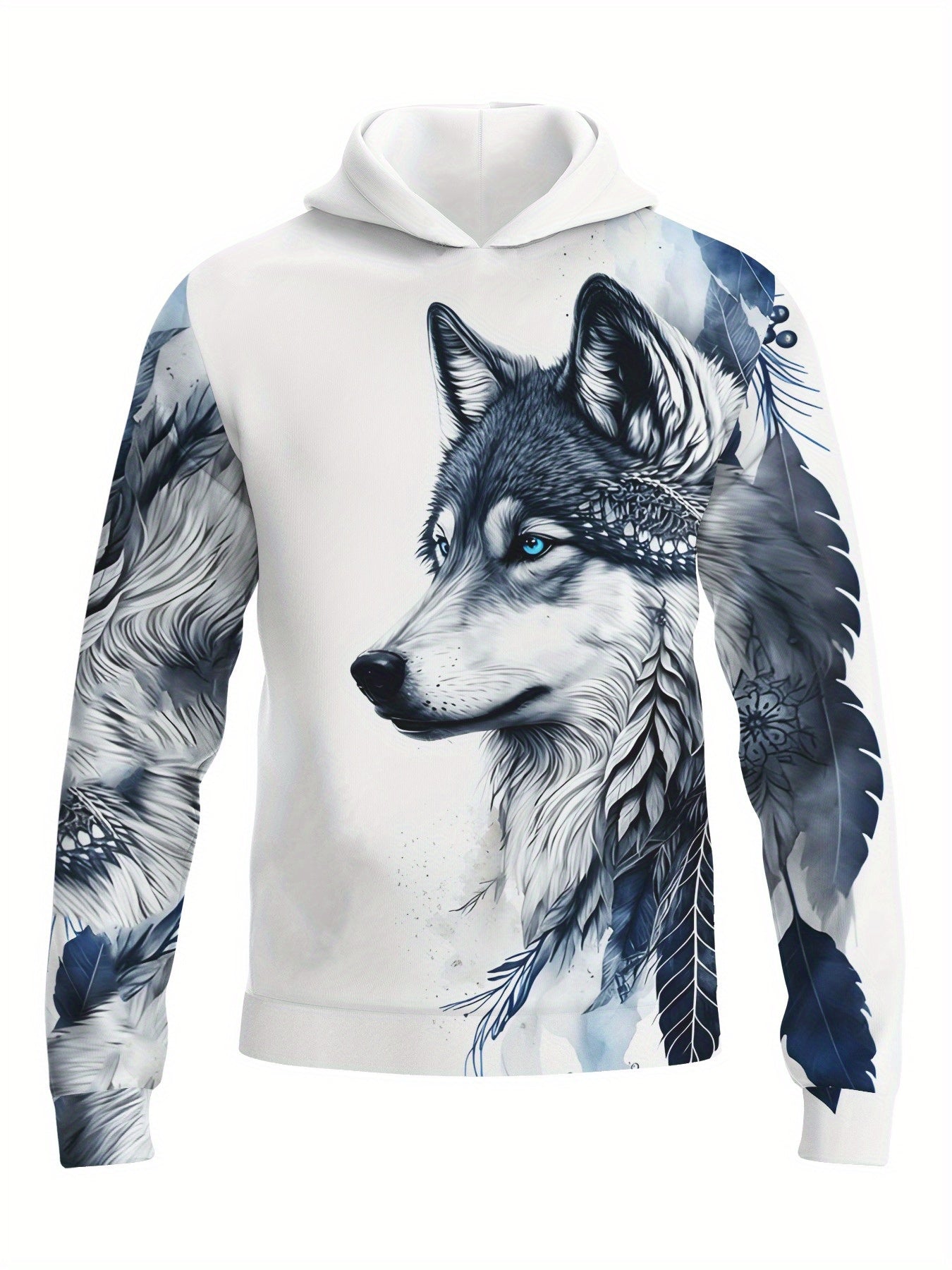 Felpa con cappuccio da uomo Valstrend con grafica lupo e foglie, stile casual e trendy a maniche lunghe.