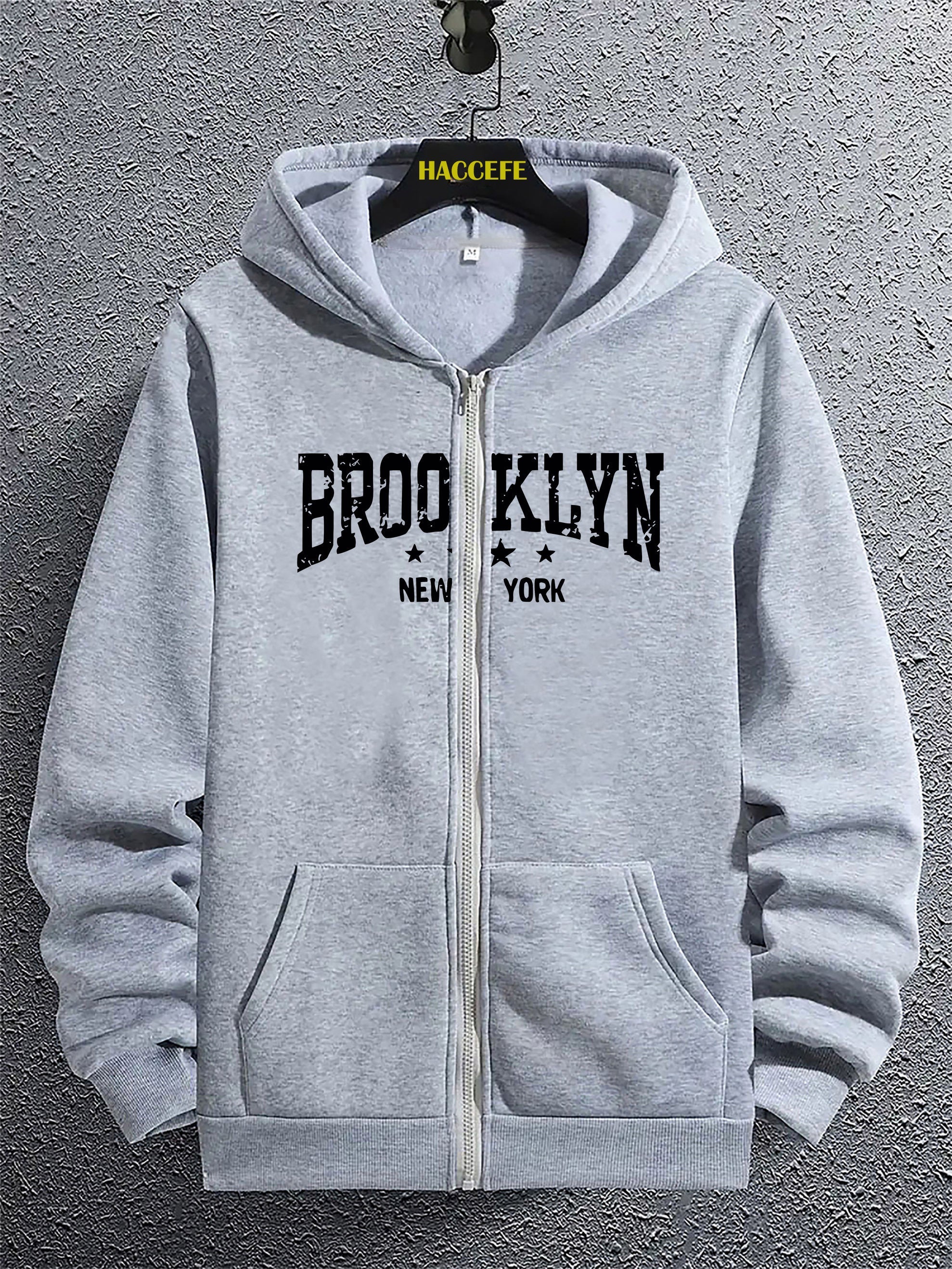 Felpa con cappuccio zip lunga da uomo Valstrend con stampa Brooklyn New York, tasca kangaroo, casual e comoda per l'autunno