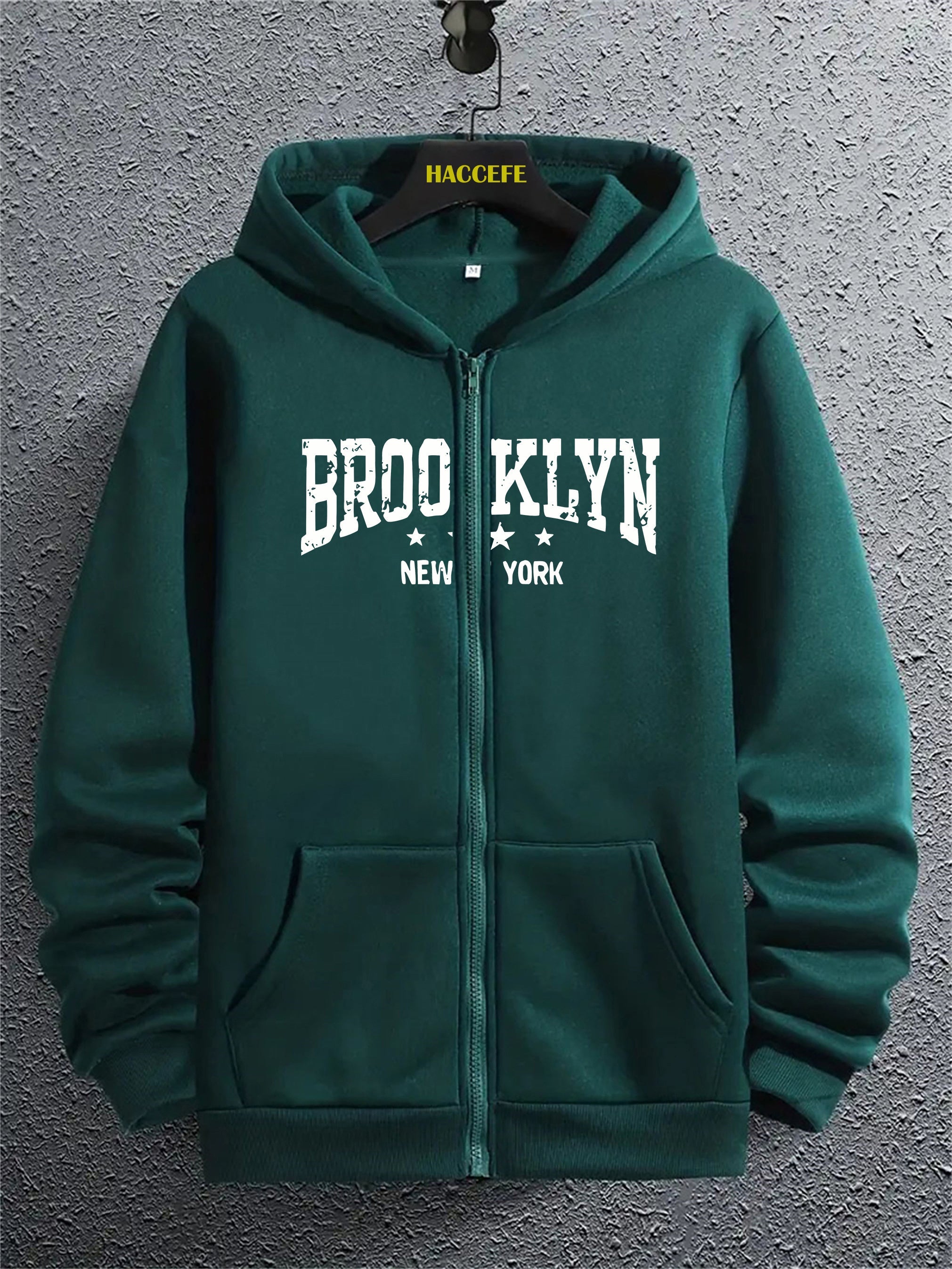 Felpa con cappuccio zip, stile casual Brooklyn New York, comoda e versatile, con tasca a marsupio, da uomo, abbigliamento autunnale.