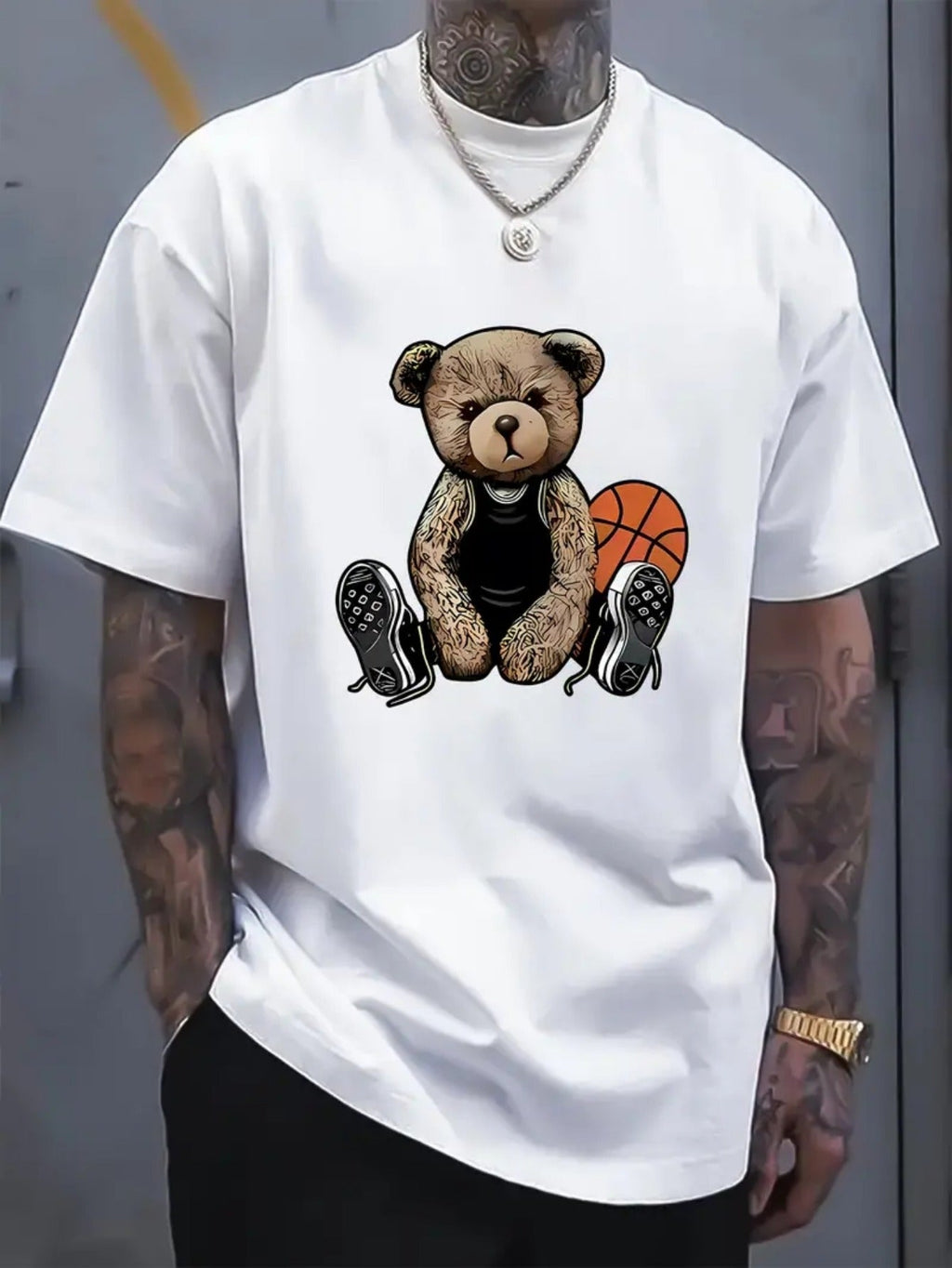 T-shirt da uomo Valstrend in cotone con stampa orso grafico, manica corta e collo rotondo, ideale per l'estate all'aperto.