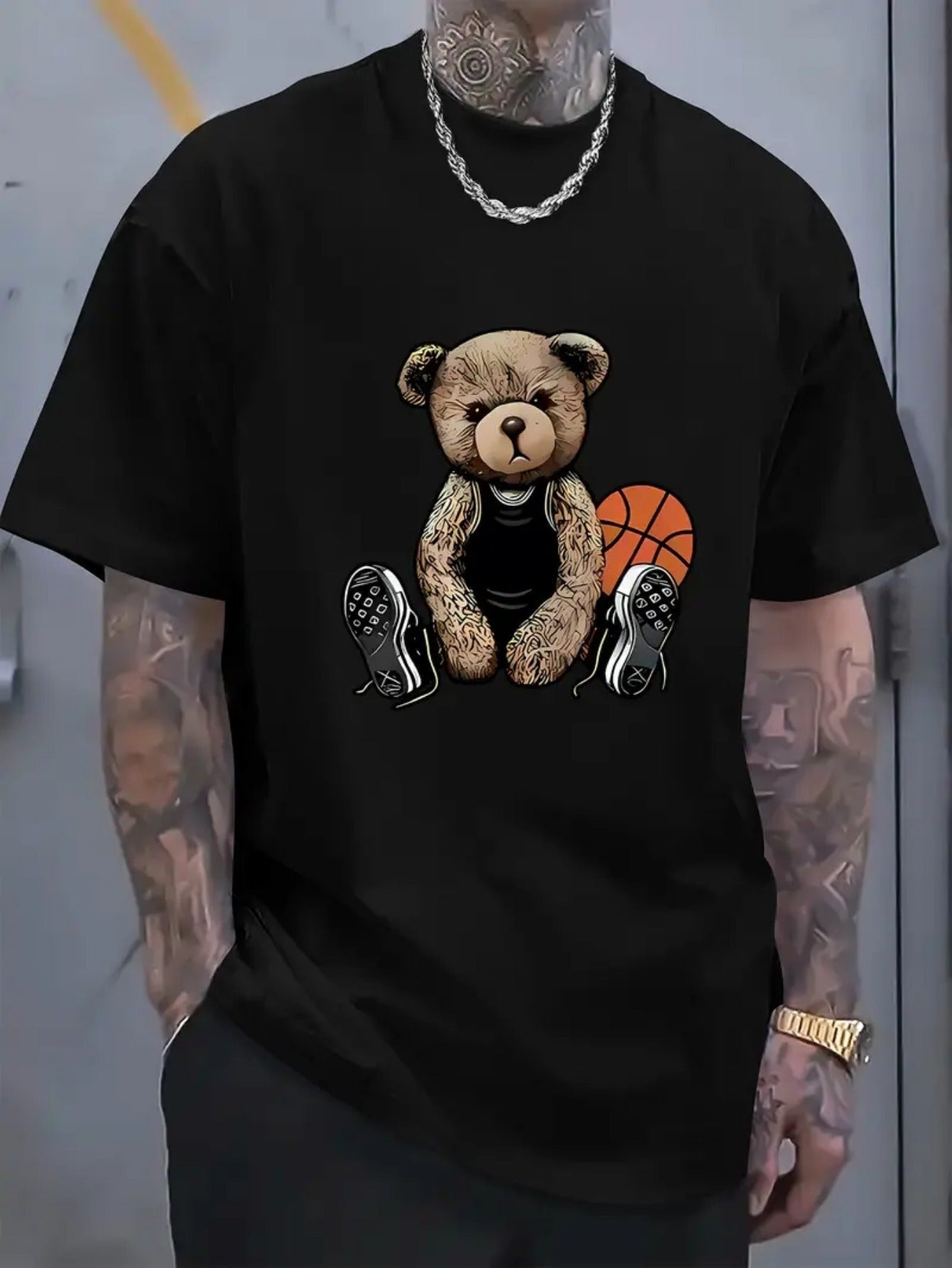 T-shirt da uomo Valstrend in cotone al 100%, con stampa orso e collo rotondo, maniche corte, ideale per estate e outdoor.
