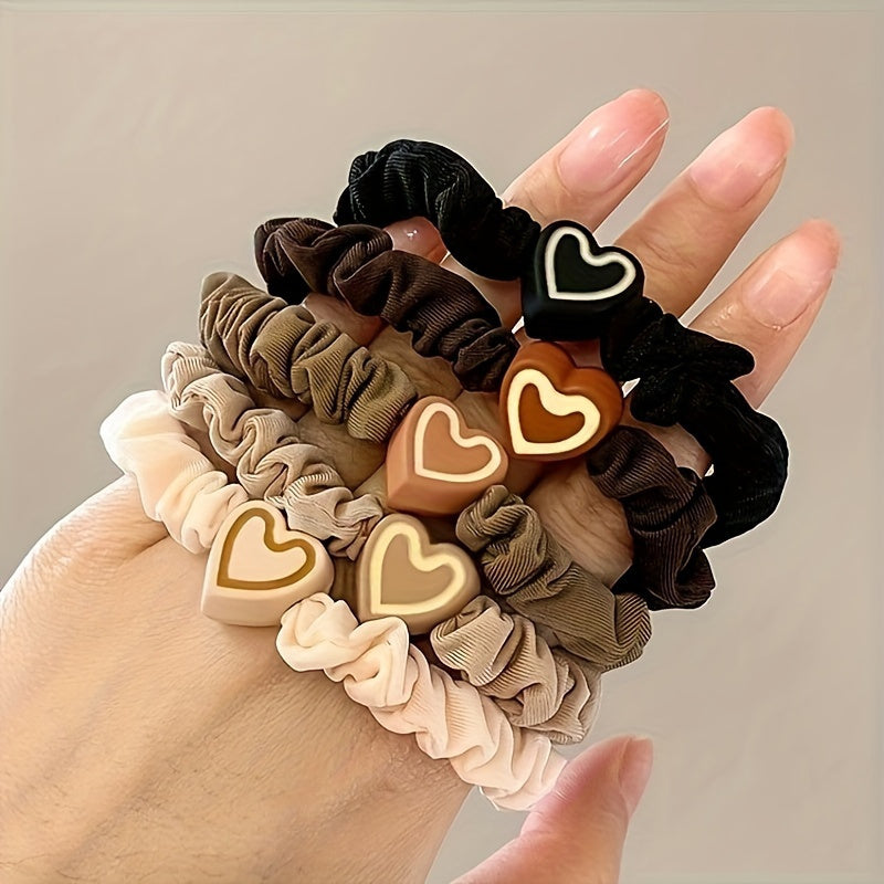 5pcs Vintage Khaki Love Heart & Bowknot Hair Ties - Elastic Rubber Bands For Women, Perfect Gift Idea