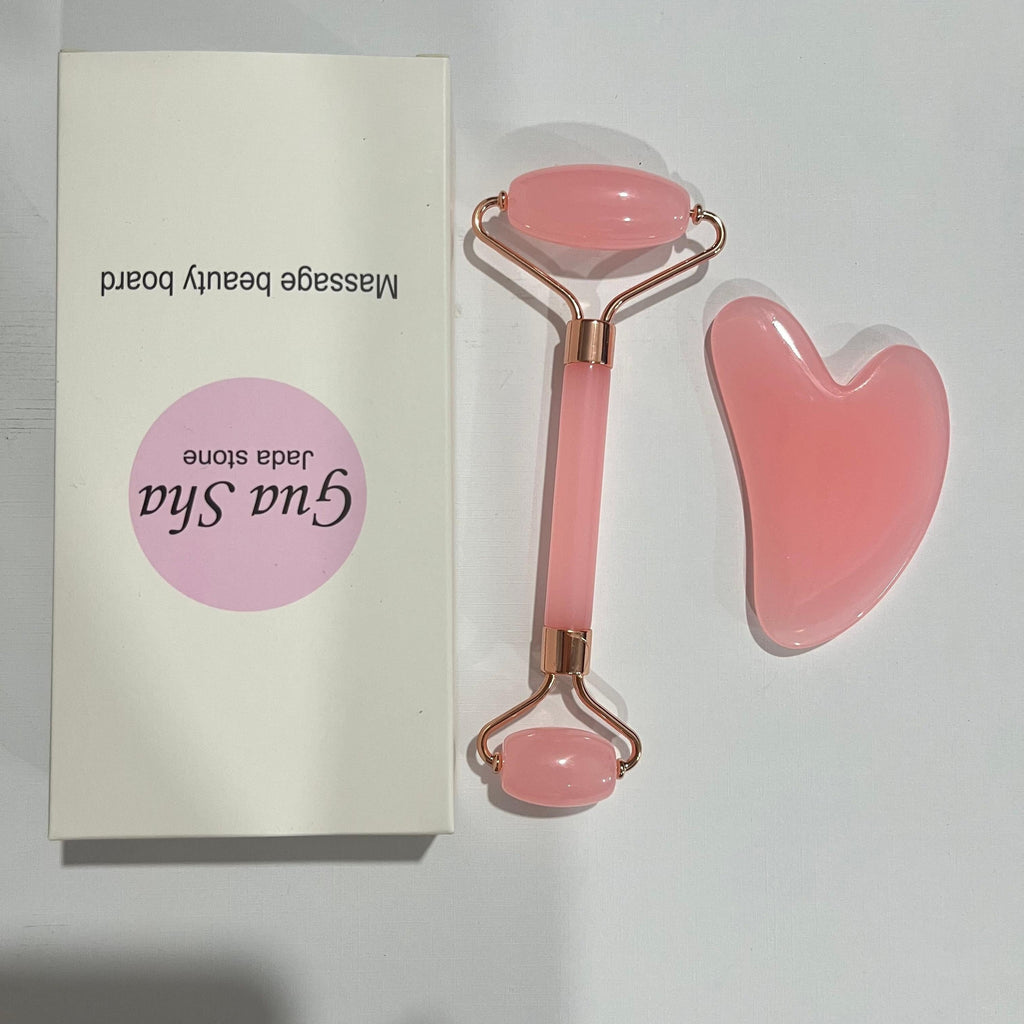 Pink Quartz Gua Sha & Facial Roller Set - No Battery Manual Relaxation Tool for Skin Rejuvenation, Improved Circulation & Anti-Puffiness Massage Kit