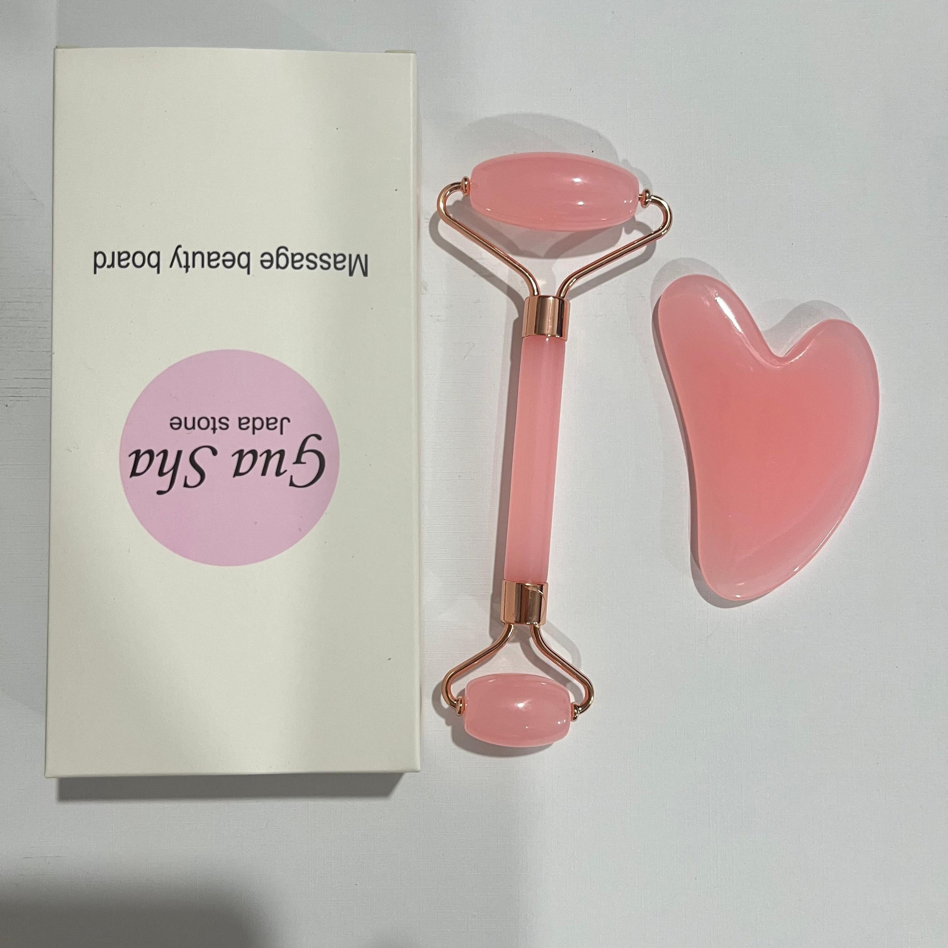 Pink Quartz Gua Sha & Facial Roller Set - No Battery Manual Relaxation Tool for Skin Rejuvenation, Improved Circulation & Anti-Puffiness Massage Kit