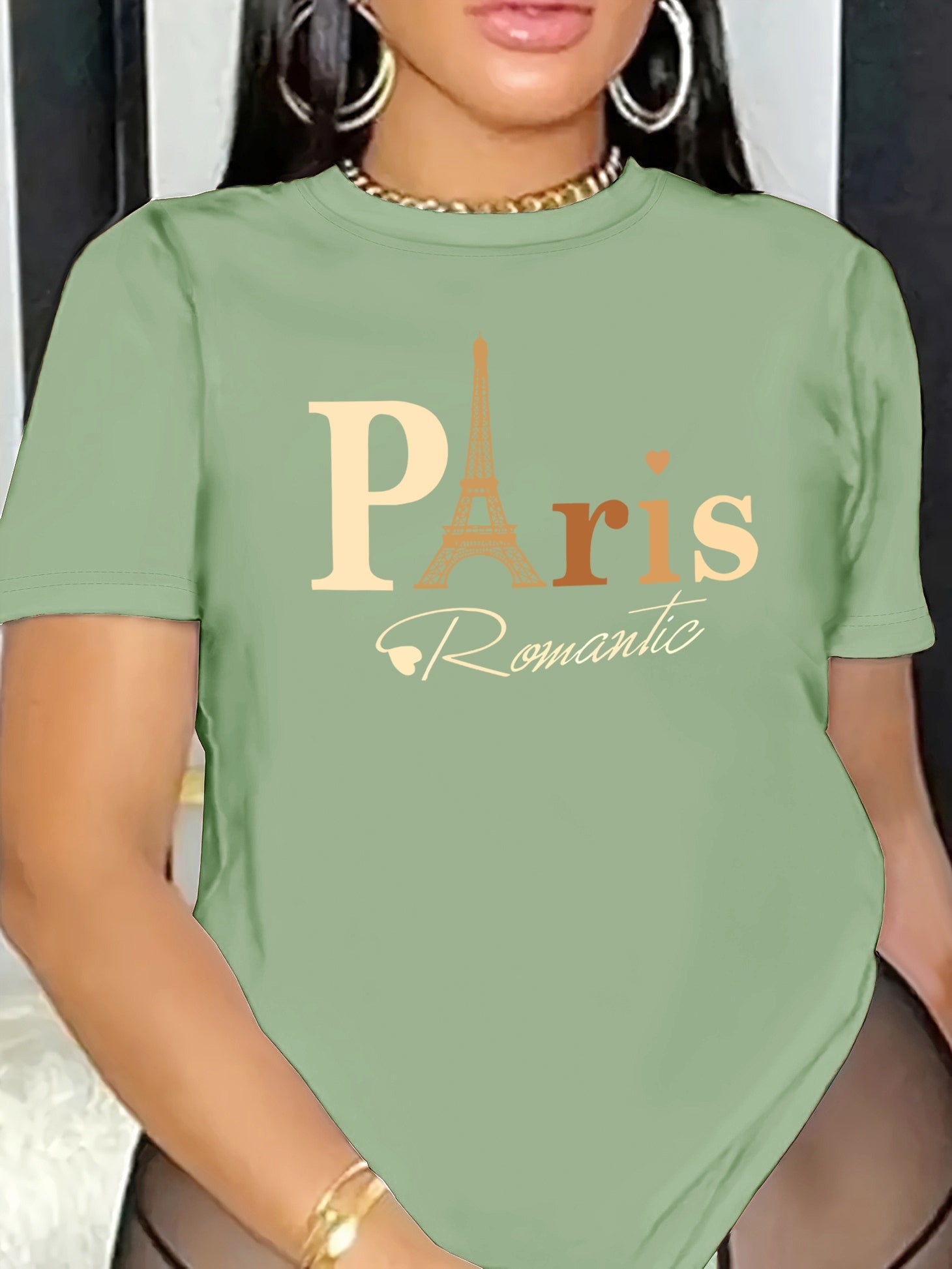 T-shirt grafico con Torre Eiffel per donna, maniche corte, collo rotondo, tessuto elasticizzato in poliestere, lavabile in lavatrice.