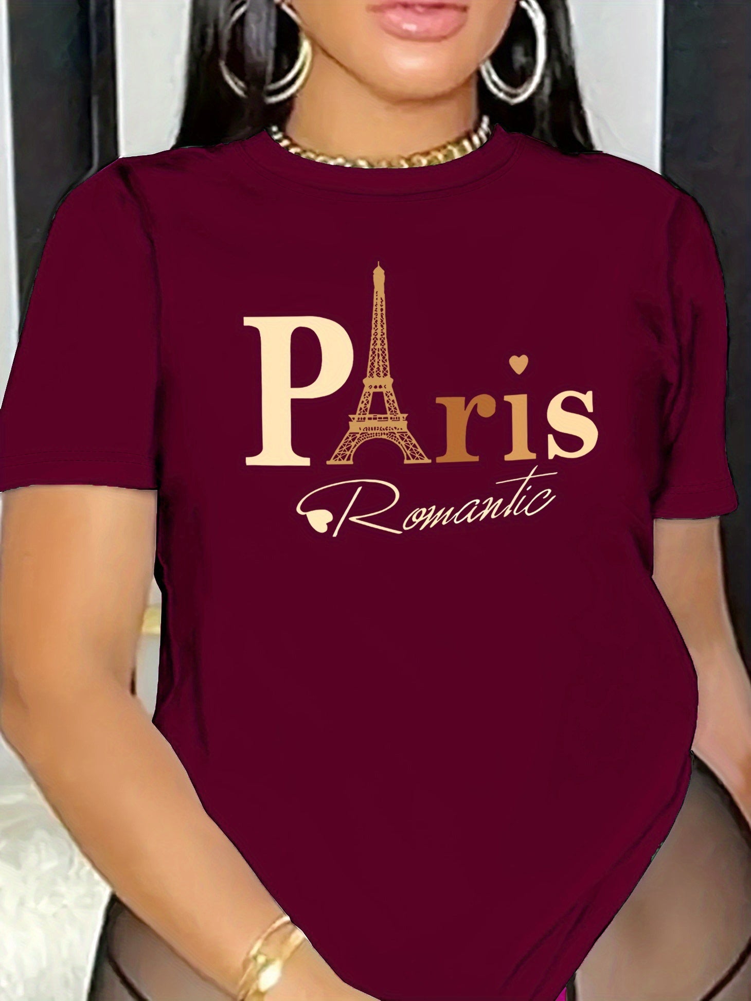 T-shirt donna Valstrend con stampa Torre Eiffel, manica corta, scollo rotondo, tessuto elasticizzato in poliestere, lavabile in lavatrice