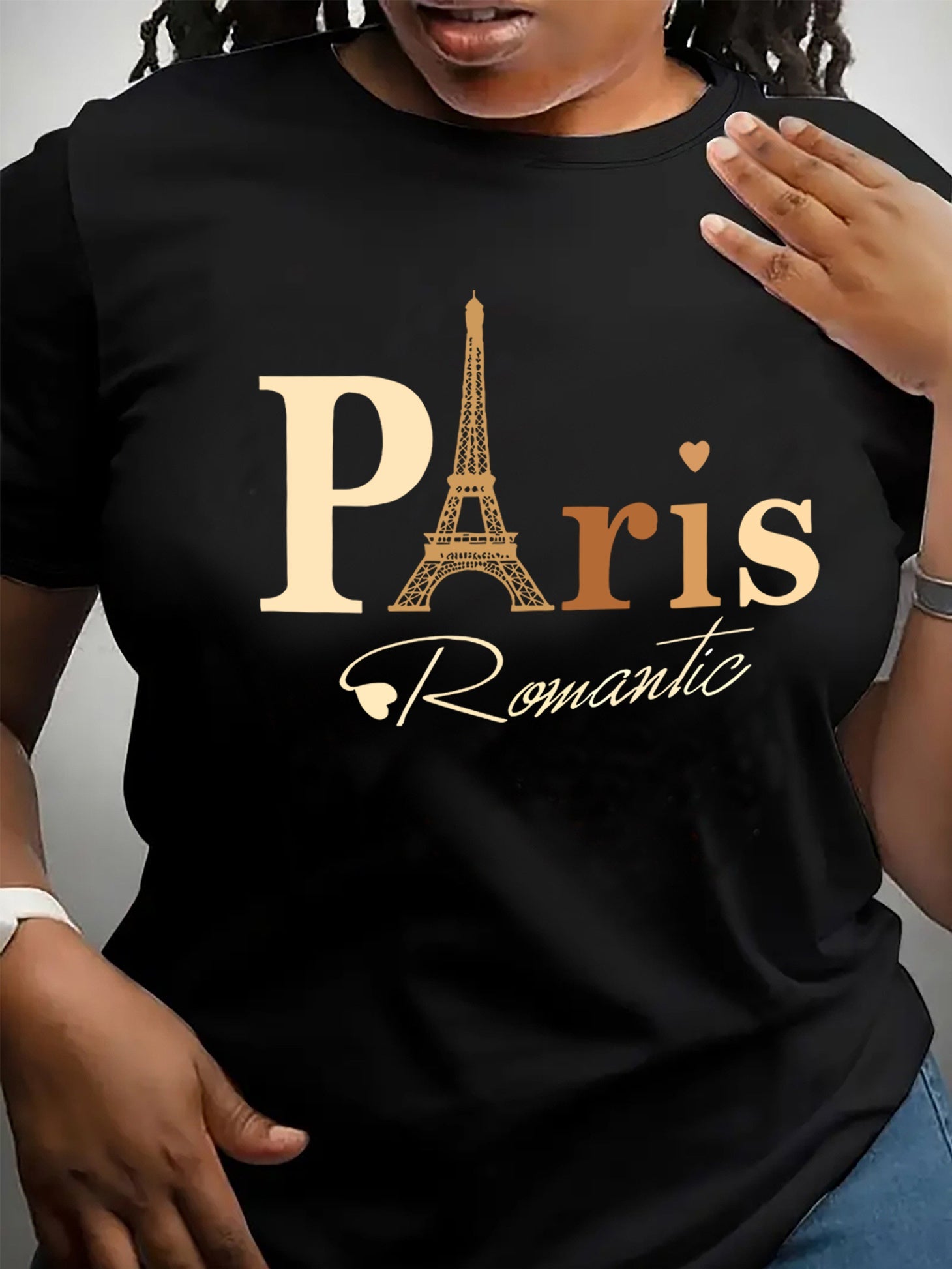 T-shirt donna con grafica Torre Eiffel Valstrend, manica corta, collo rotondo, tessuto elasticizzato in poliestere, lavabile in lavatrice.