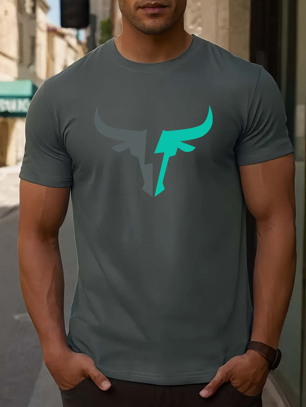 T-shirt uomo casual a maniche corte Valstrend, stampa lettera trendy, tessuto elasticizzato, collo rotondo, vestibilità regolare.