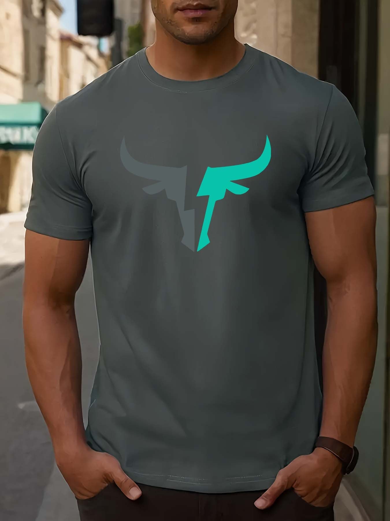 T-shirt uomo casual a maniche corte Valstrend, stampa lettera trendy, tessuto elasticizzato, collo rotondo, vestibilità regolare.