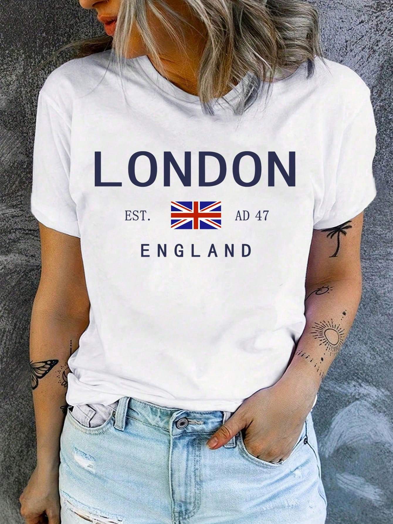 T-shirt donna Valstrend con stampa lettera vintage di Londra, manica corta, collo rotondo, tessuto misto poliestere, lavabile in lavatrice