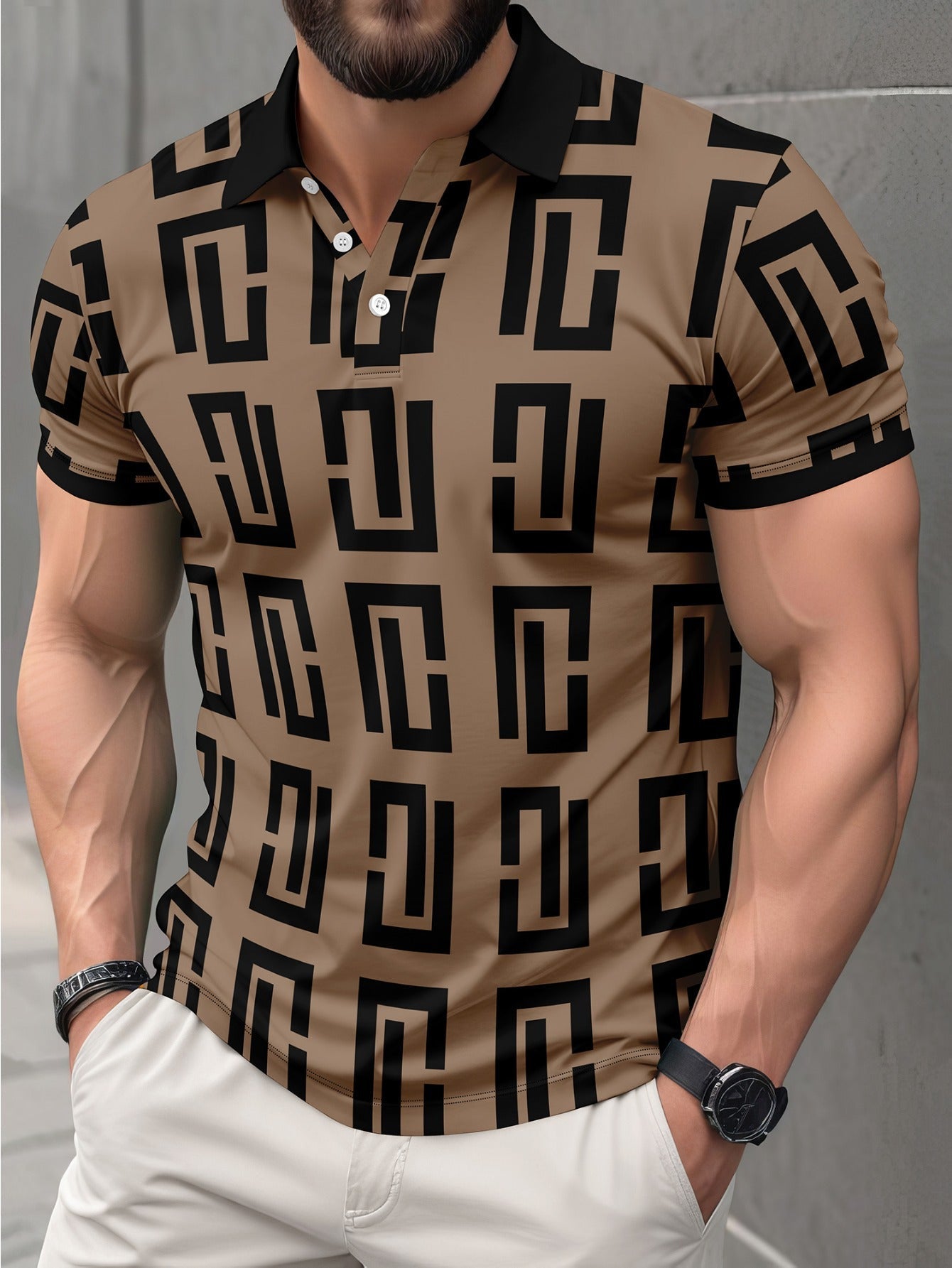 Camicia uomo Valstrend con stampa geometrica 3D, in poliestere traspirante, stile casual e sportivo, ideale per attività all'aperto.