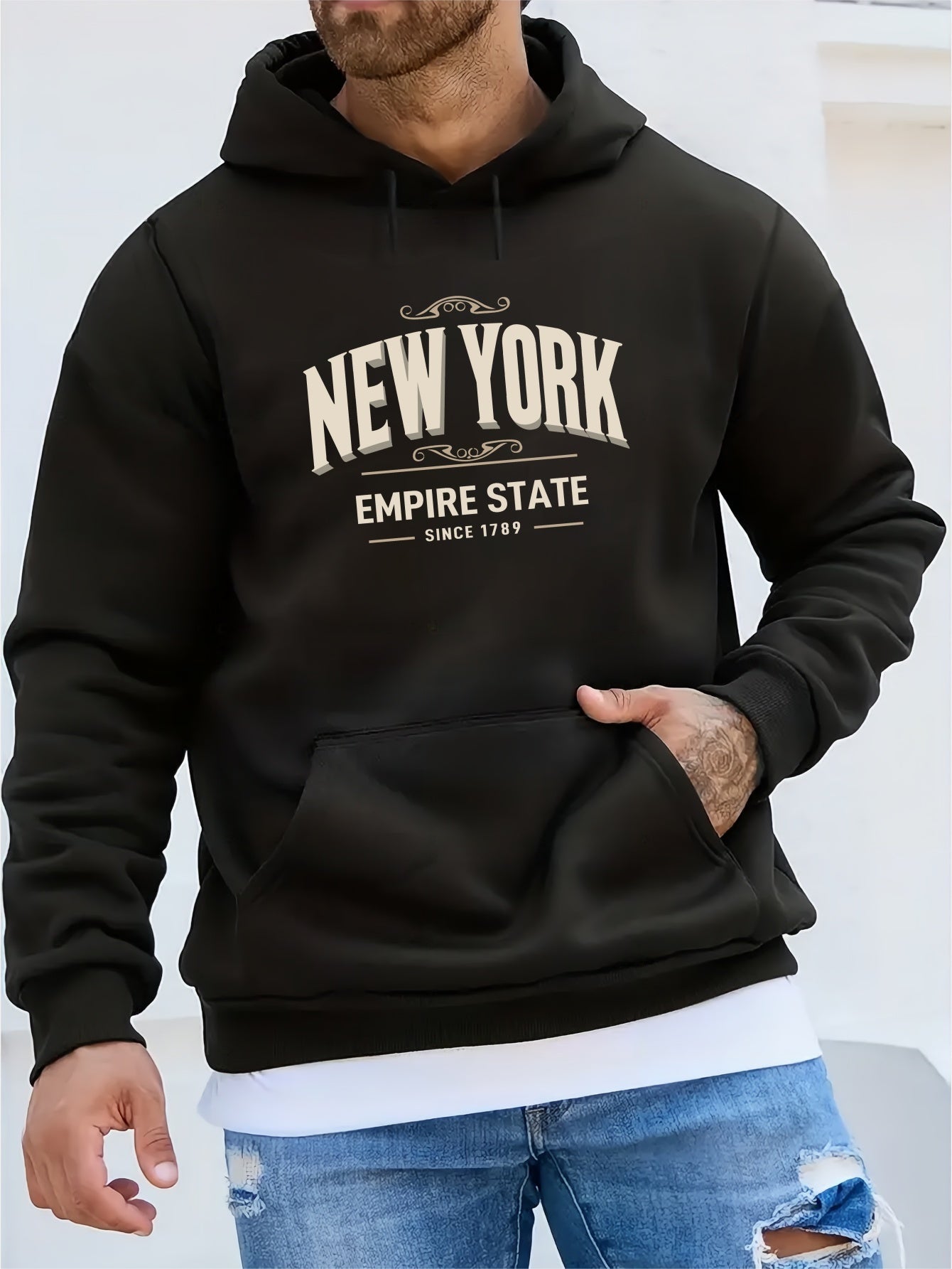 Men's New York Letter Print Plush Cozy Long Sleeve Hoodies, Warm Casual Comfy Hooded Sweatshirt For Autumn And Winter