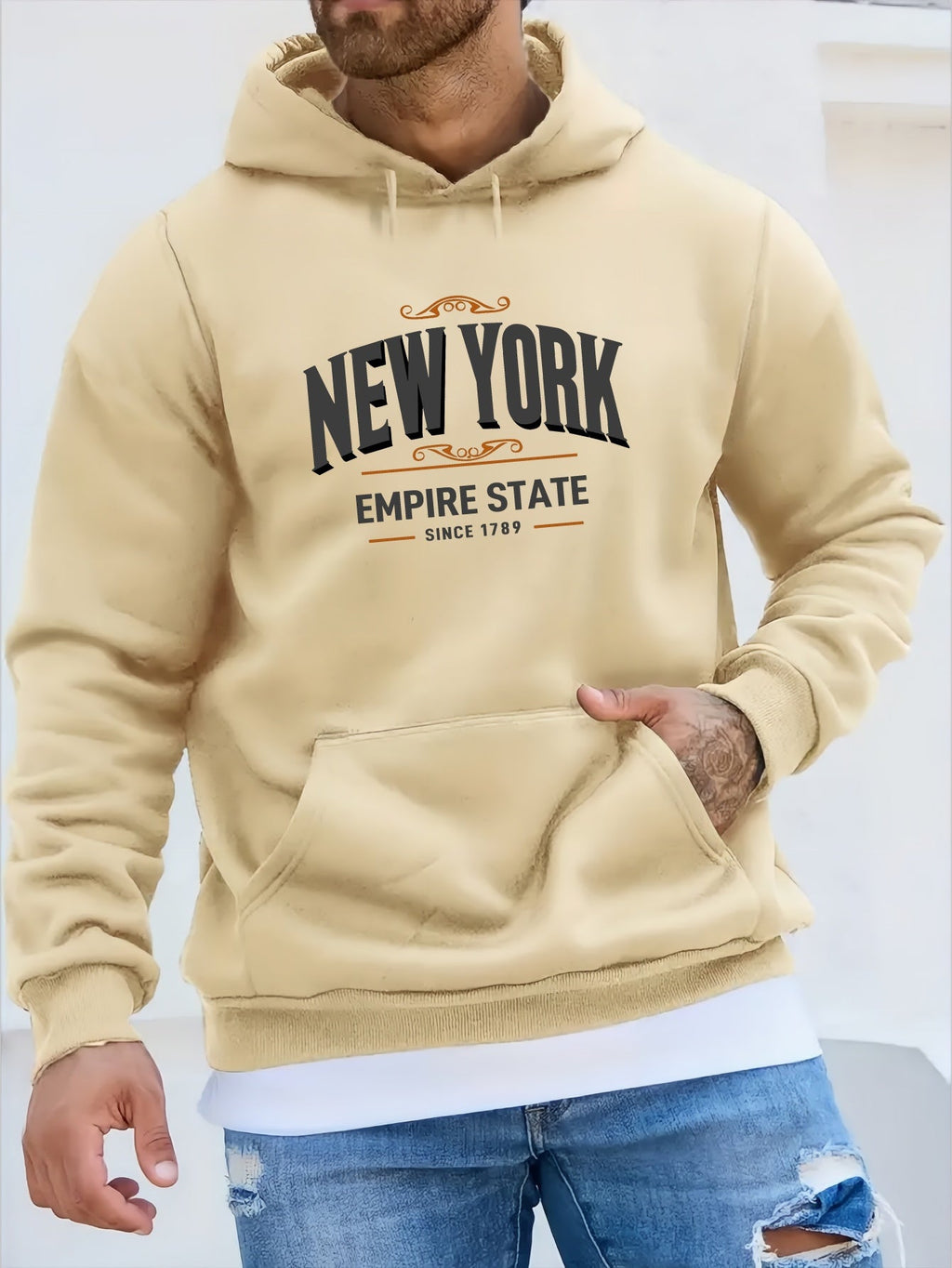 Men's New York Letter Print Plush Cozy Long Sleeve Hoodies, Warm Casual Comfy Hooded Sweatshirt For Autumn And Winter