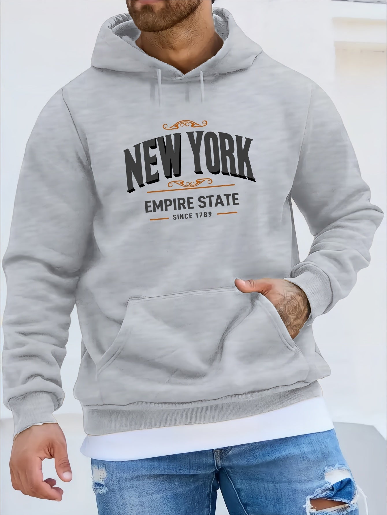 Men's New York Letter Print Plush Cozy Long Sleeve Hoodies, Warm Casual Comfy Hooded Sweatshirt For Autumn And Winter
