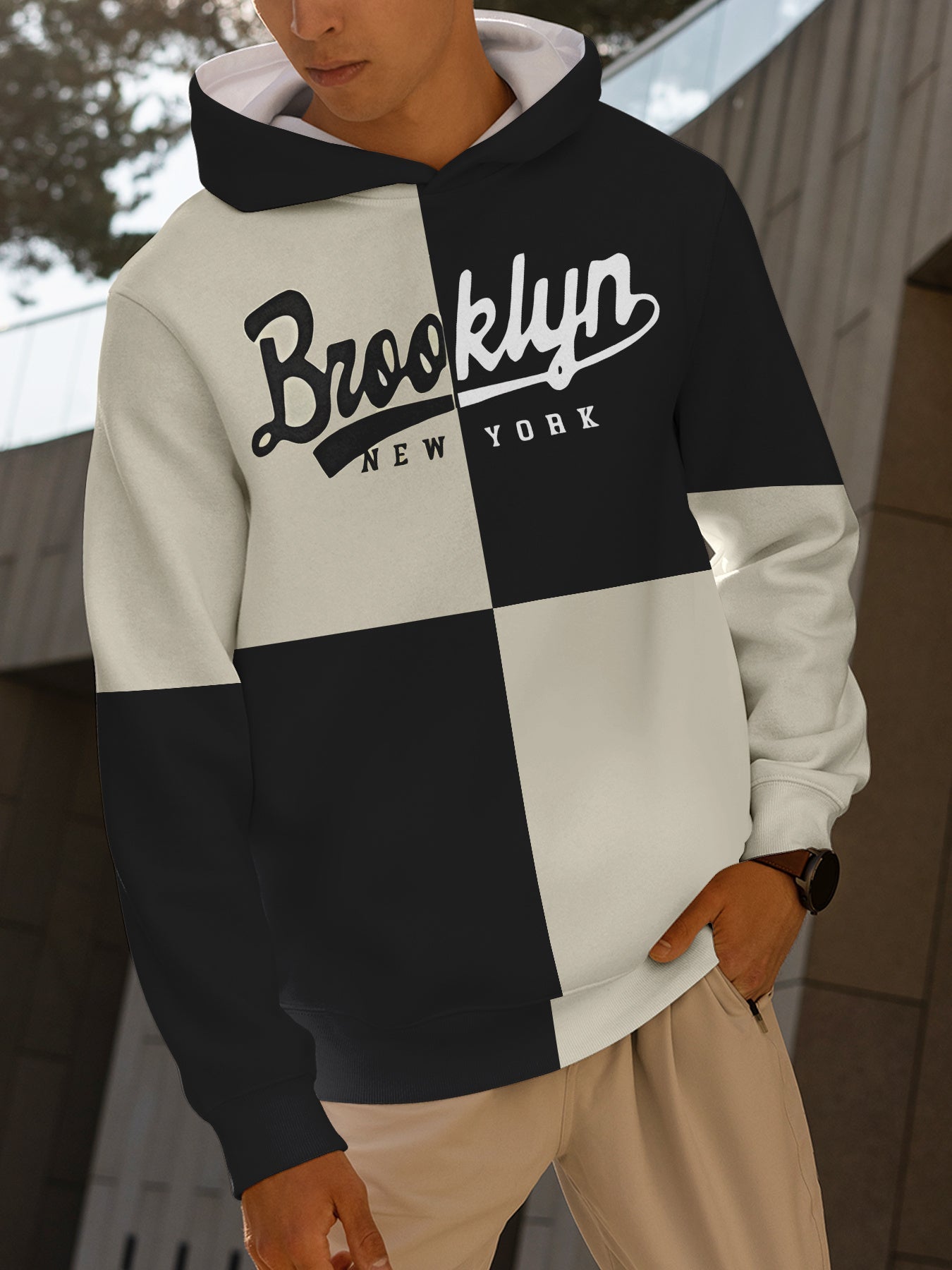 Felpa con cappuccio Valstrend con stampa 3D di Brooklyn New York, tessuto misto poliestere e spandex, vestibilità regolare, stile casual outdoor