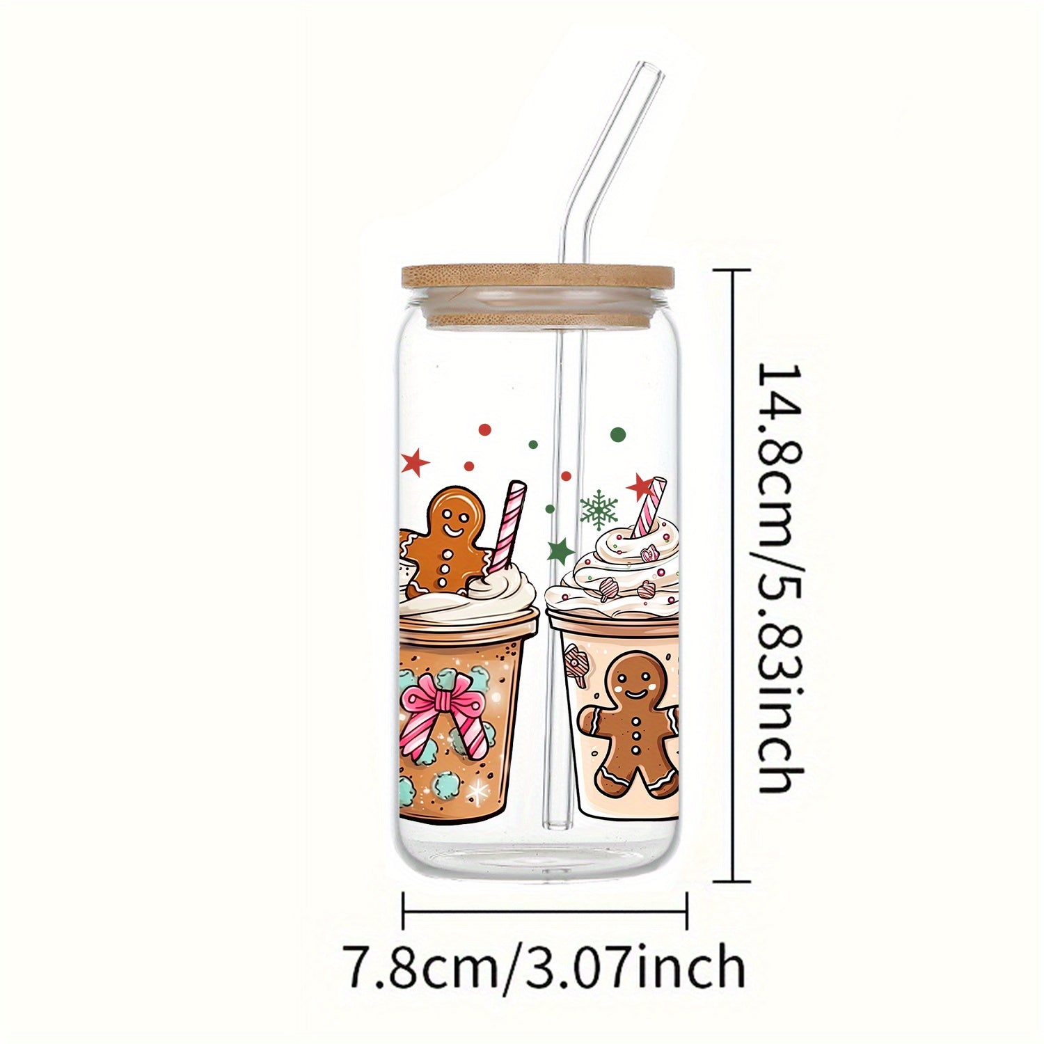 Festive 3D UV Printed Pink Gingerbread Coffee Mug, 16oz Glass Jar with Bamboo Lid and Straw, Perfect for Christmas, Halloween, Thanksgiving, and Birthday Gifts - Unique Drinkware