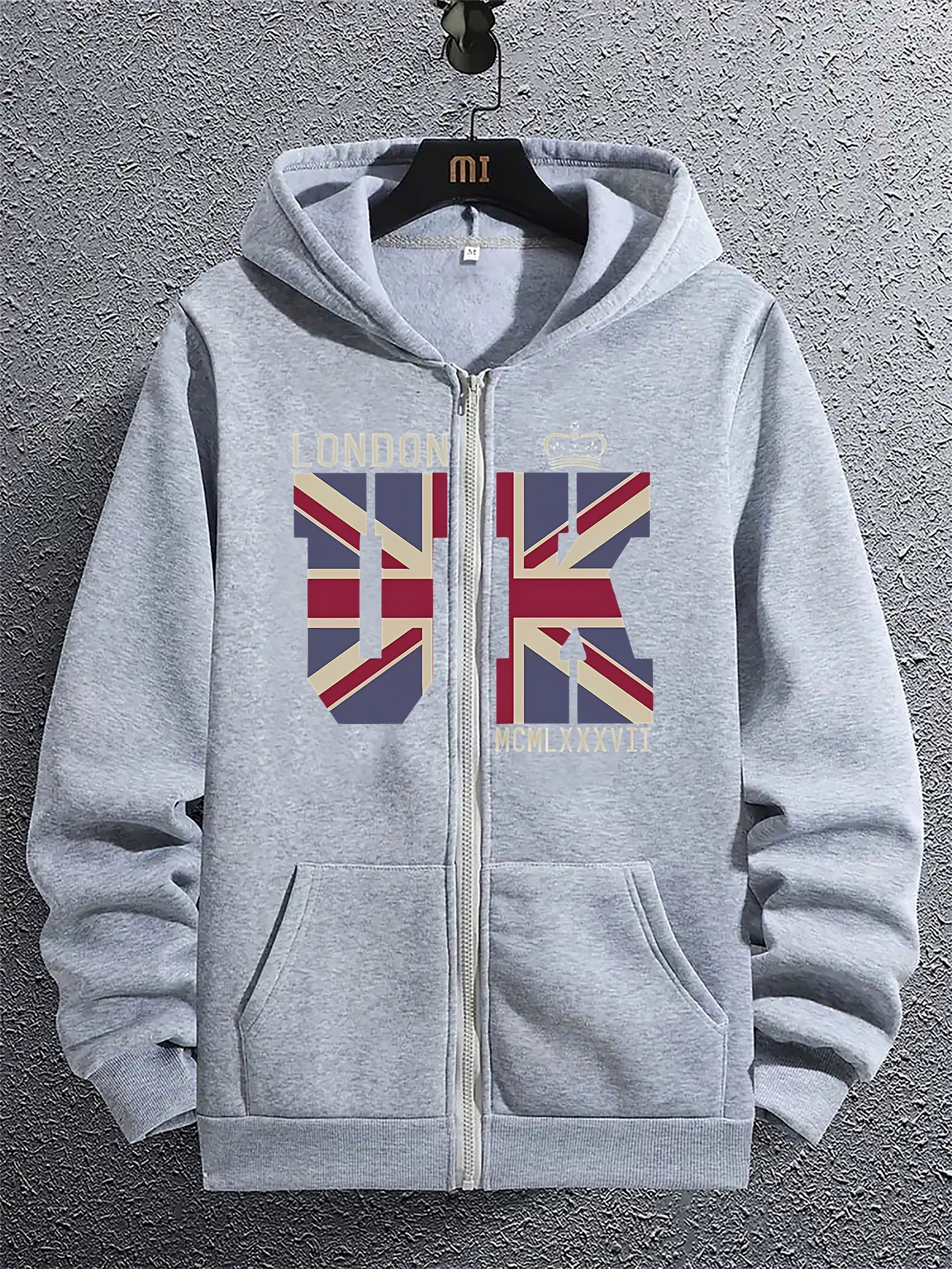 Felpa con cappuccio Valstrend, stampa dell’alfabeto Union Jack di Londra, zip frontale, tasca a marsupio, maniche lunghe, stile casual.