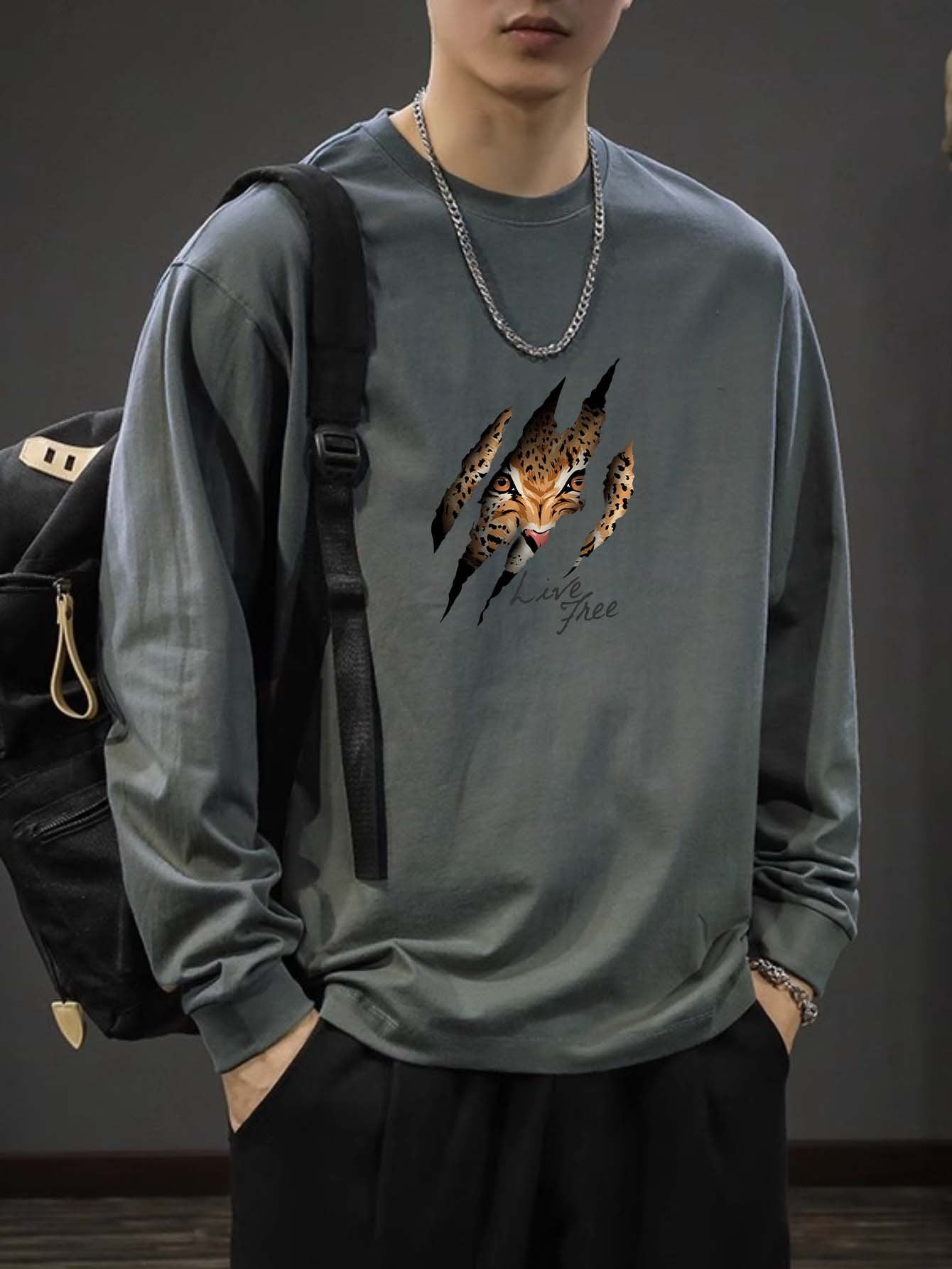Felpa casual da uomo Valstrend con girocollo, stampa aquila, tessuto 100% cotone, vestibilità regolare, maniche lunghe e stretch.