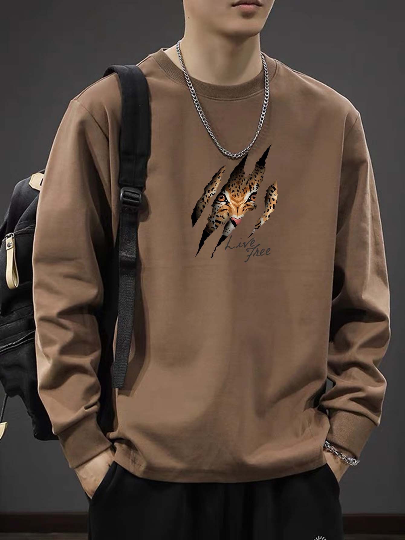 Felpa casual da uomo Valstrend, cotone morbido, con stampa aquila, girocollo, maniche lunghe e vestibilità regolare.