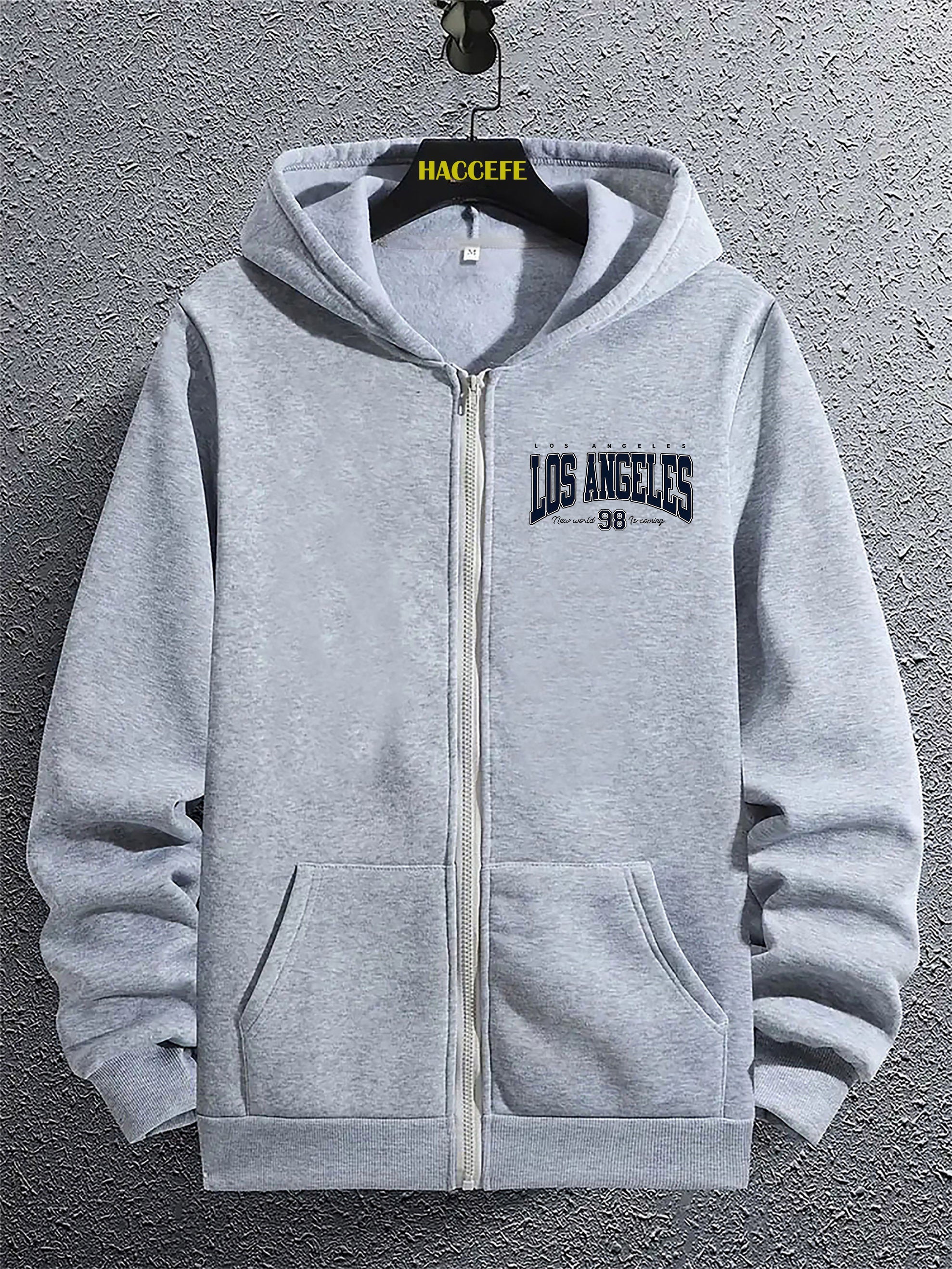 Felpa con cappuccio zip Valstrend Los Angeles 98, nera, con tasca a marsupio, maniche lunghe, stile casual per autunno e inverno