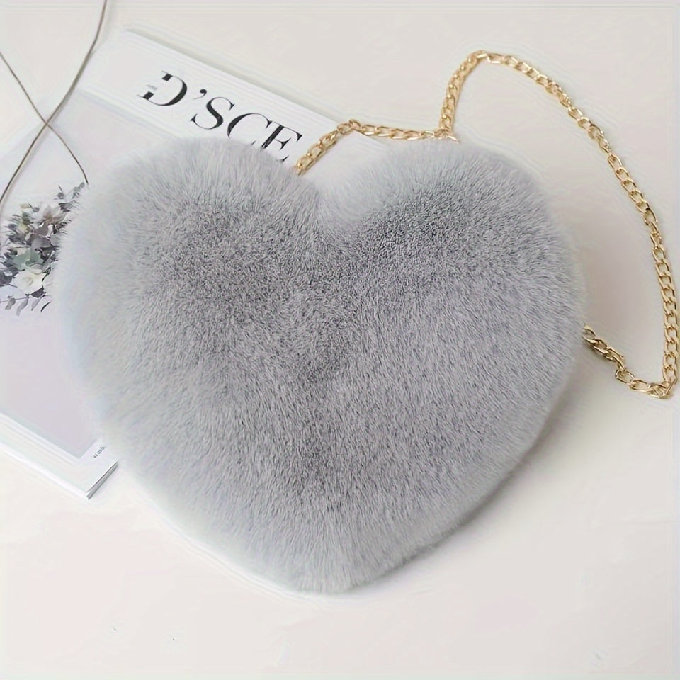 Chic Heart-Shaped Plush Crossbody Bag with Fashion Chain - Perfect for Valentine's Day, Halloween & Christmas Gifts, Christmas Decor