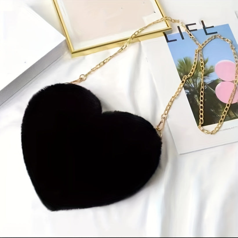 Chic Heart-Shaped Plush Crossbody Bag with Fashion Chain - Perfect for Valentine's Day, Halloween & Christmas Gifts, Christmas Decor