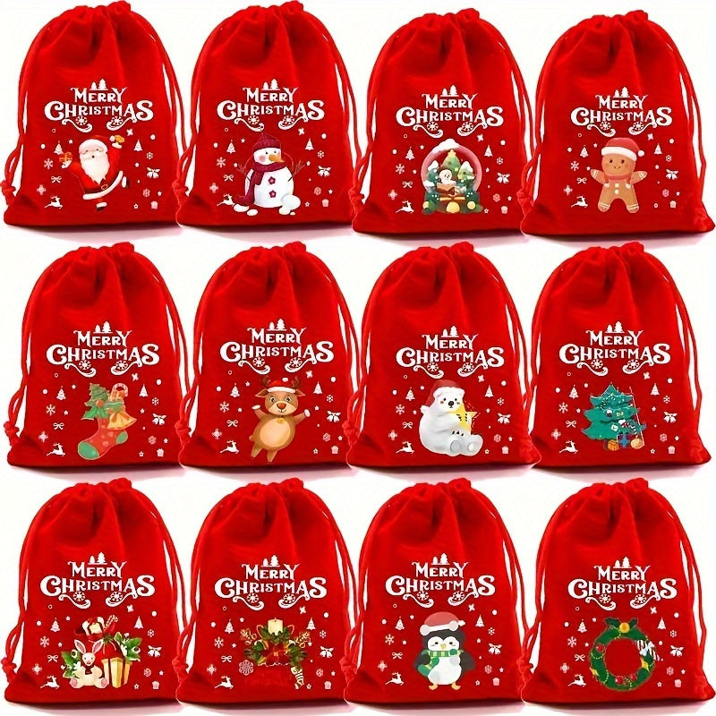 12-Pack Christmas Fabric Drawstring Gift Bags - Festive Cartoon Patterned Goodie Pouches for Holiday Celebrations, Party Favors, Weddings, Birthdays, Anniversaries - Versatile Holiday Gift Bags for Xmas, Halloween, Thanksgiving