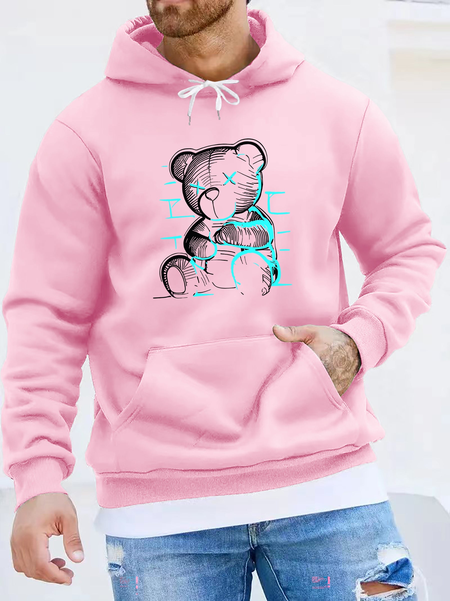 Felpa casual da uomo Valstrend con stampa di orso di peluche, tessuto poliestere elasticizzato, cappuccio, maniche lunghe e colore solido.