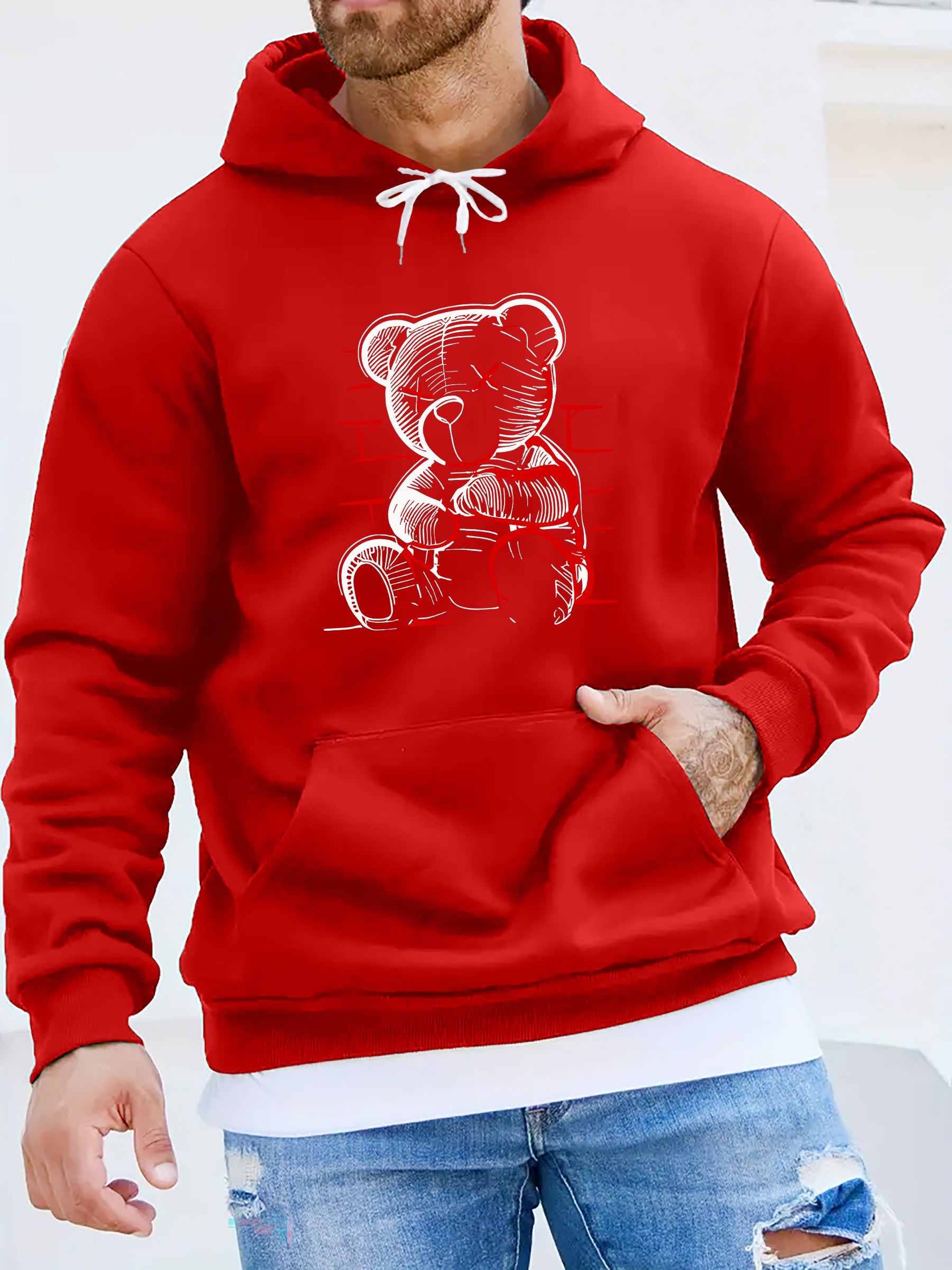 Felpa casual da uomo Valstrend con stampa di orsetto, tessuto in poliestere elasticizzato, cappuccio e maniche lunghe, colore solido.