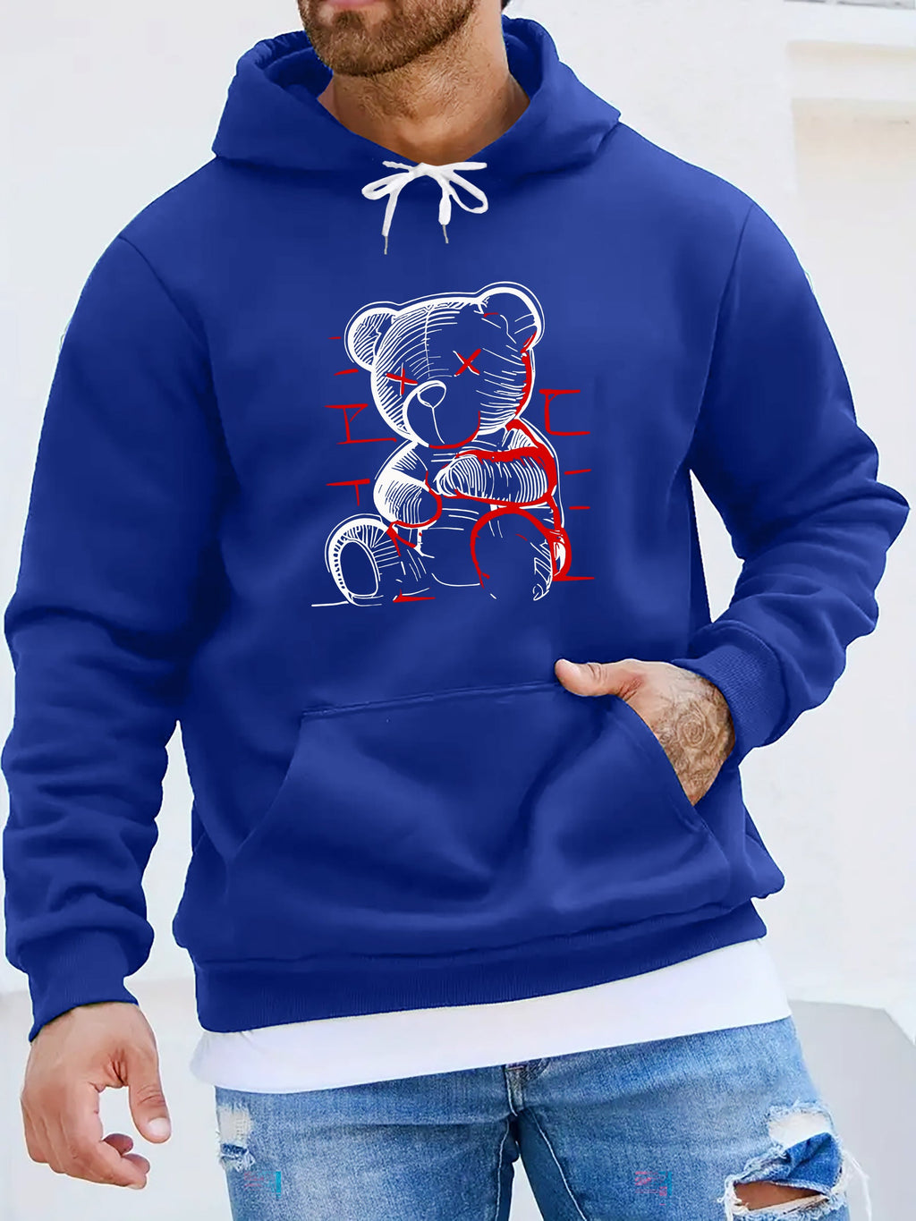 Felpa casual da uomo Valstrend con stampa di orsetto, tessuto in poliestere elasticizzato, cappuccio e maniche lunghe, colore solido.