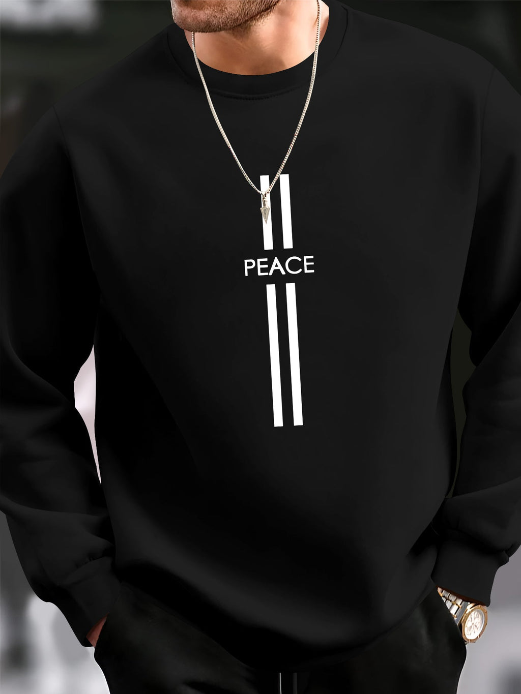 Felpa casual da uomo Valstrend con stampa Peace Element, maniche lunghe, girocollo, tessuto in poliestere lavabile in macchina