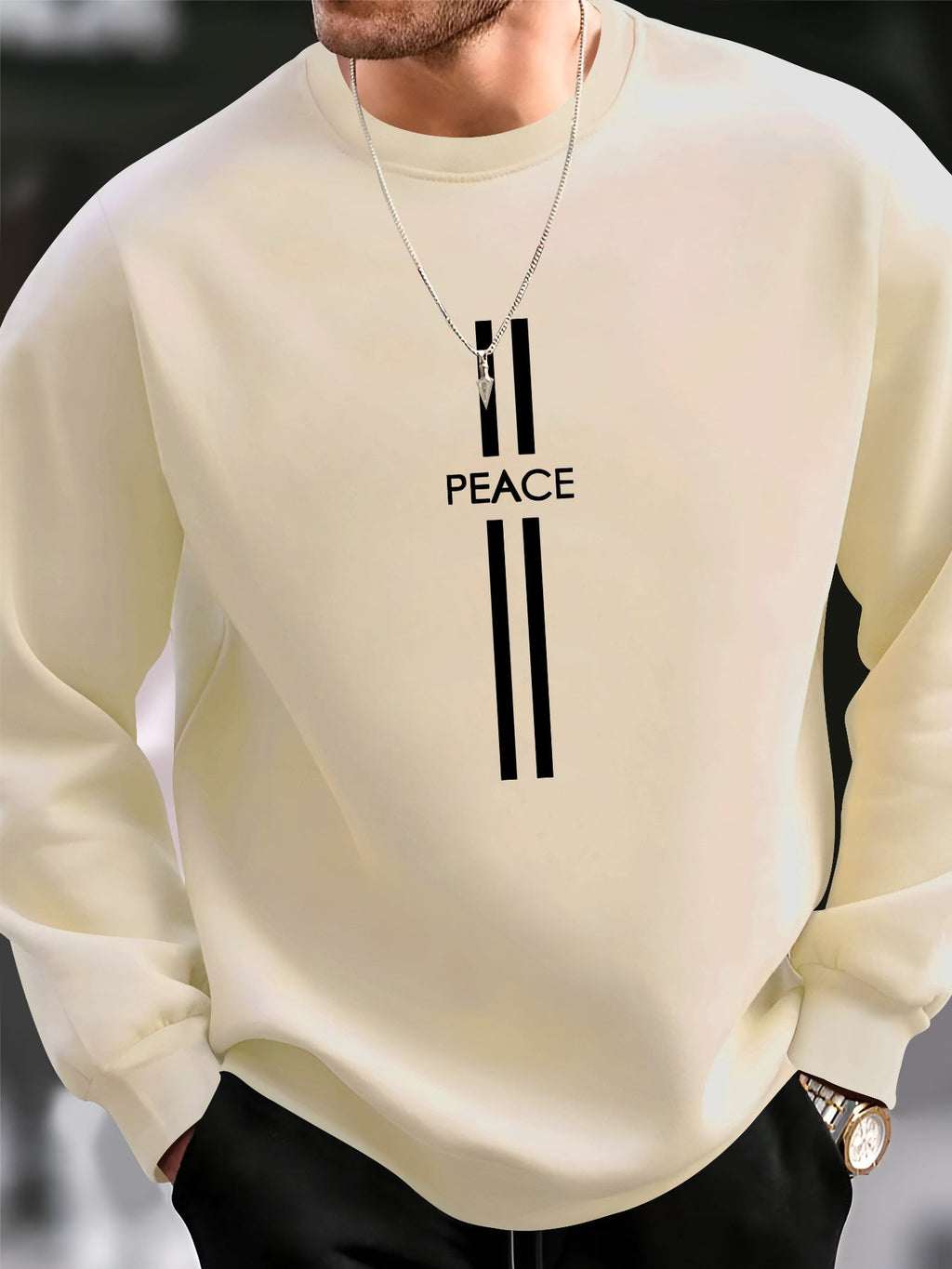 Felpa casual da uomo Valstrend con stampa Peace Element, manica lunga, girocollo, tessuto in poliestere lavabile in macchina.