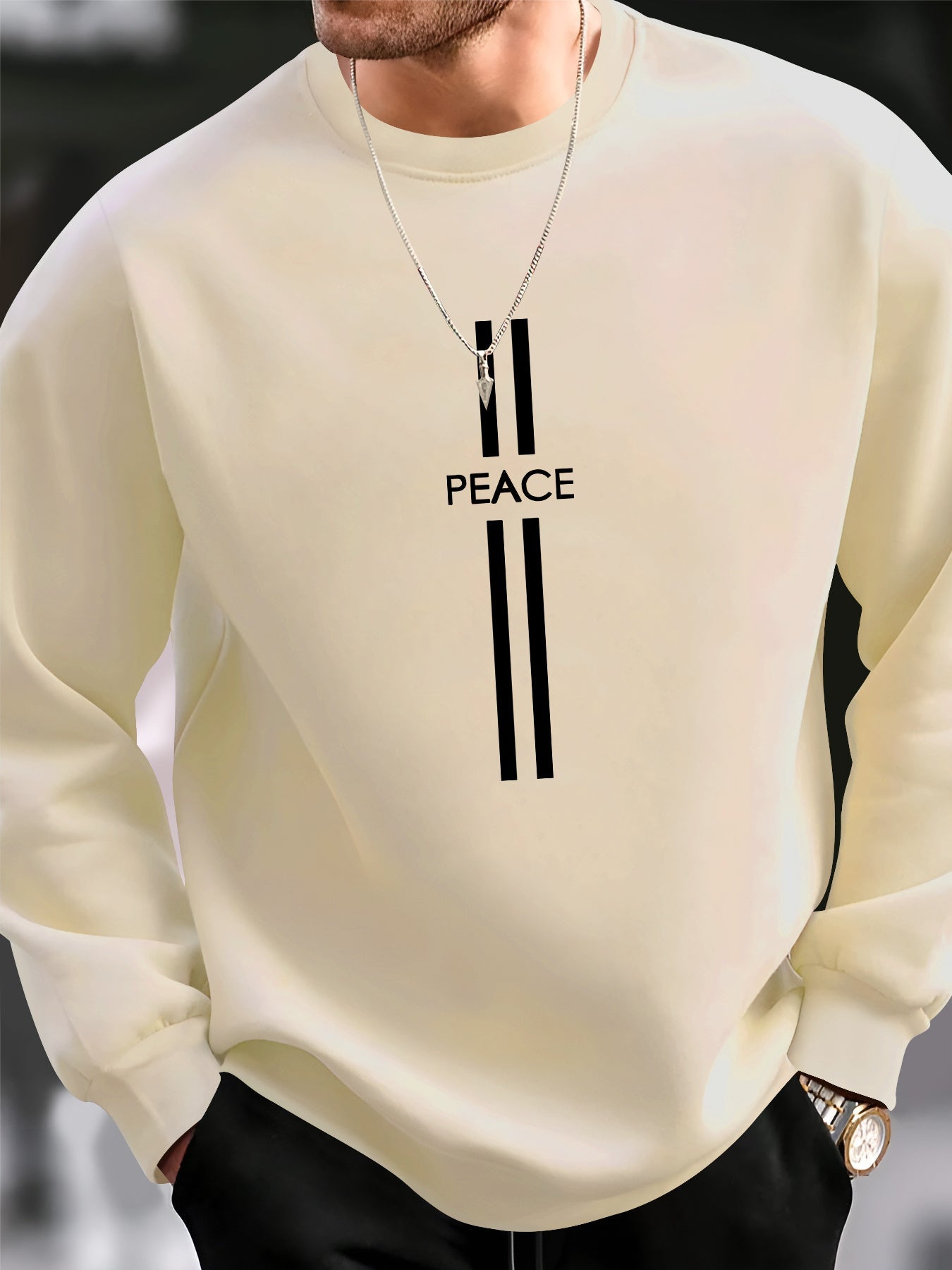Felpa casual da uomo Valstrend con stampa Peace Element, manica lunga, girocollo, tessuto in poliestere lavabile in macchina.