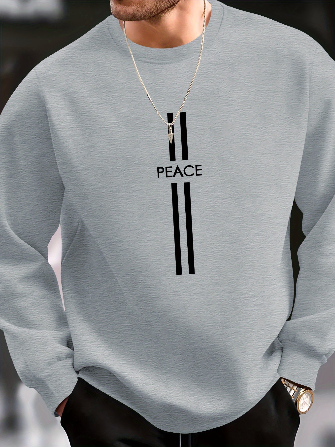 Felpa casual da uomo Valstrend con stampa Peace Element, maniche lunghe, collo rotondo, in tessuto poliestere lavabile in lavatrice